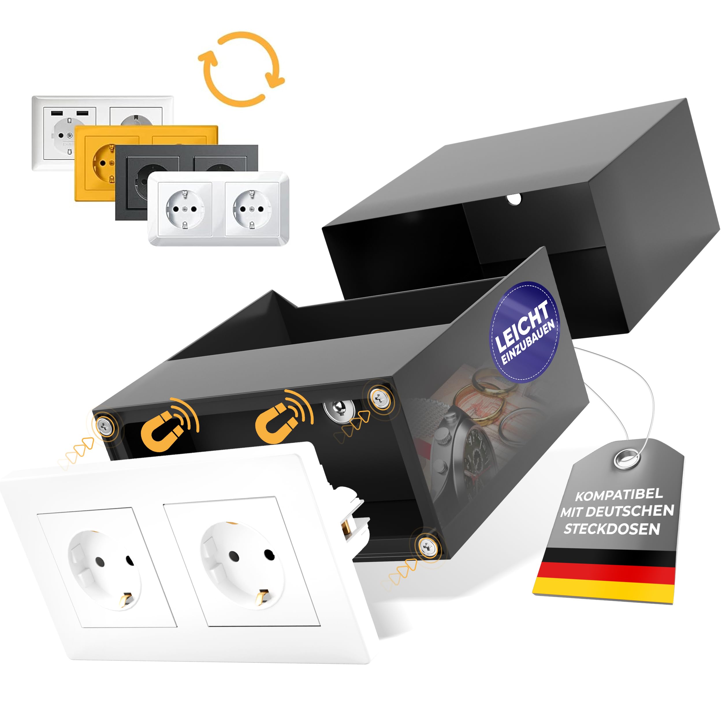 Elder Welder® Sejf z podwójnym gniazdkiem, kompatybilny z każdym podwójnym gniazdkiem Schuko, sejf ścienny do montażu na ścianie, sejf do gniazdka, mini sejf, z kluczami, jako schowek na pieniądze, tajny schowek, sekretna skrytka
