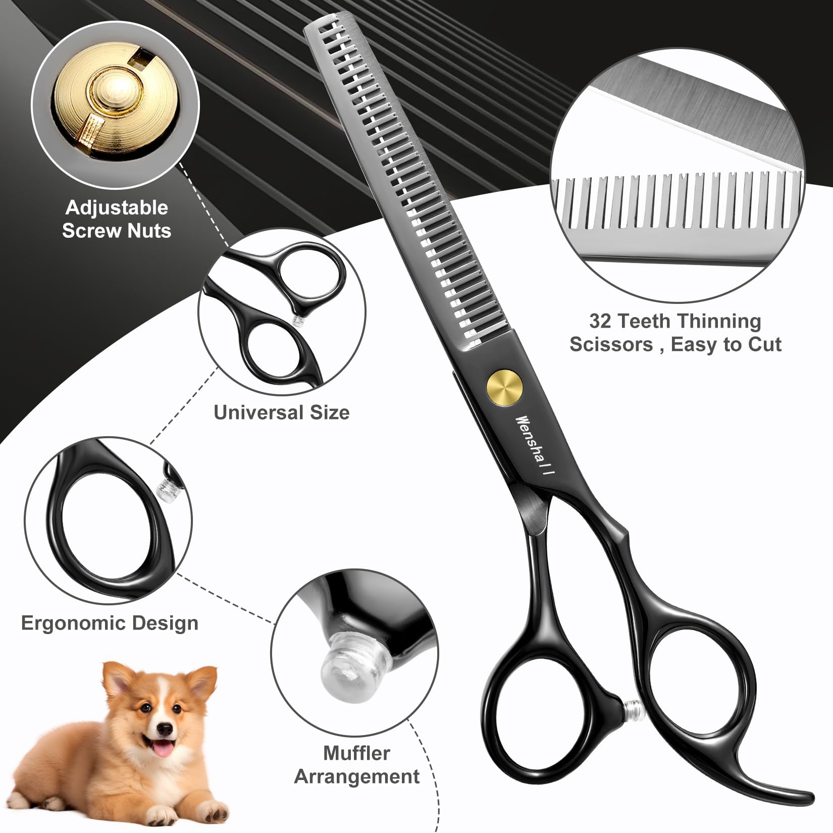 Wenshall 7,0 Zoll Hundepflege Schere Set Hund gerade Schere & Ausdünnungsschere & Gebogene & chunker & Comb 5Stk Set