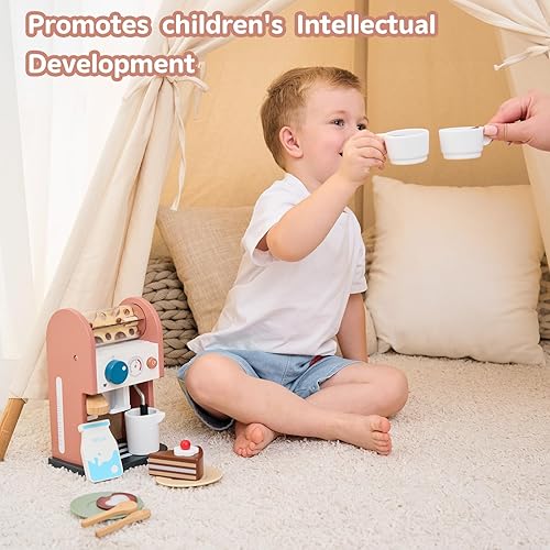 Miniatura 6 de GAGAKU Cafetera de madera de juguete, 14 piezas, accesorios de cocina, cafetera de juguete para niños, set de juego de simulación, cafetera para