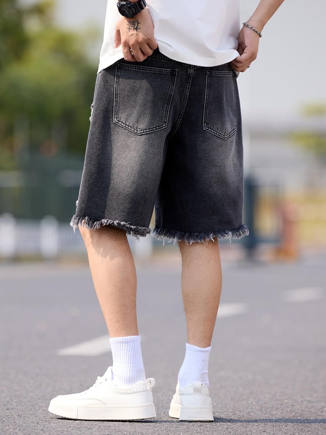 DFGIGT Mens Womens Jorts Baggy Loose Fit Jean Shorts Wide Leg Denim Shorts Strings Y2k Summer Shorts