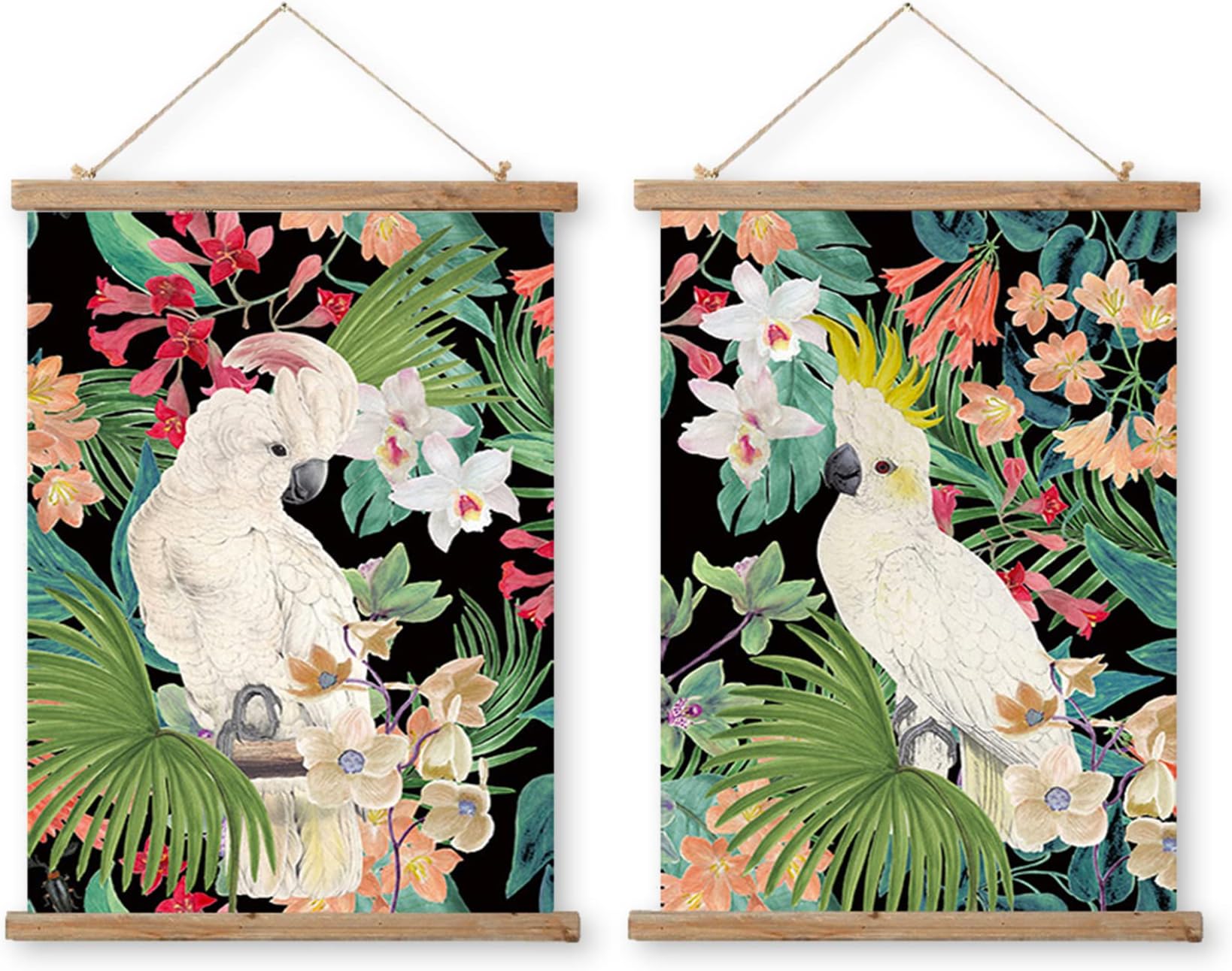 ABoby Vintage Hanging Parrot Posters, Decorative Wall Art Prints, Printed on Linen with Wood Frames, Ready to Hang