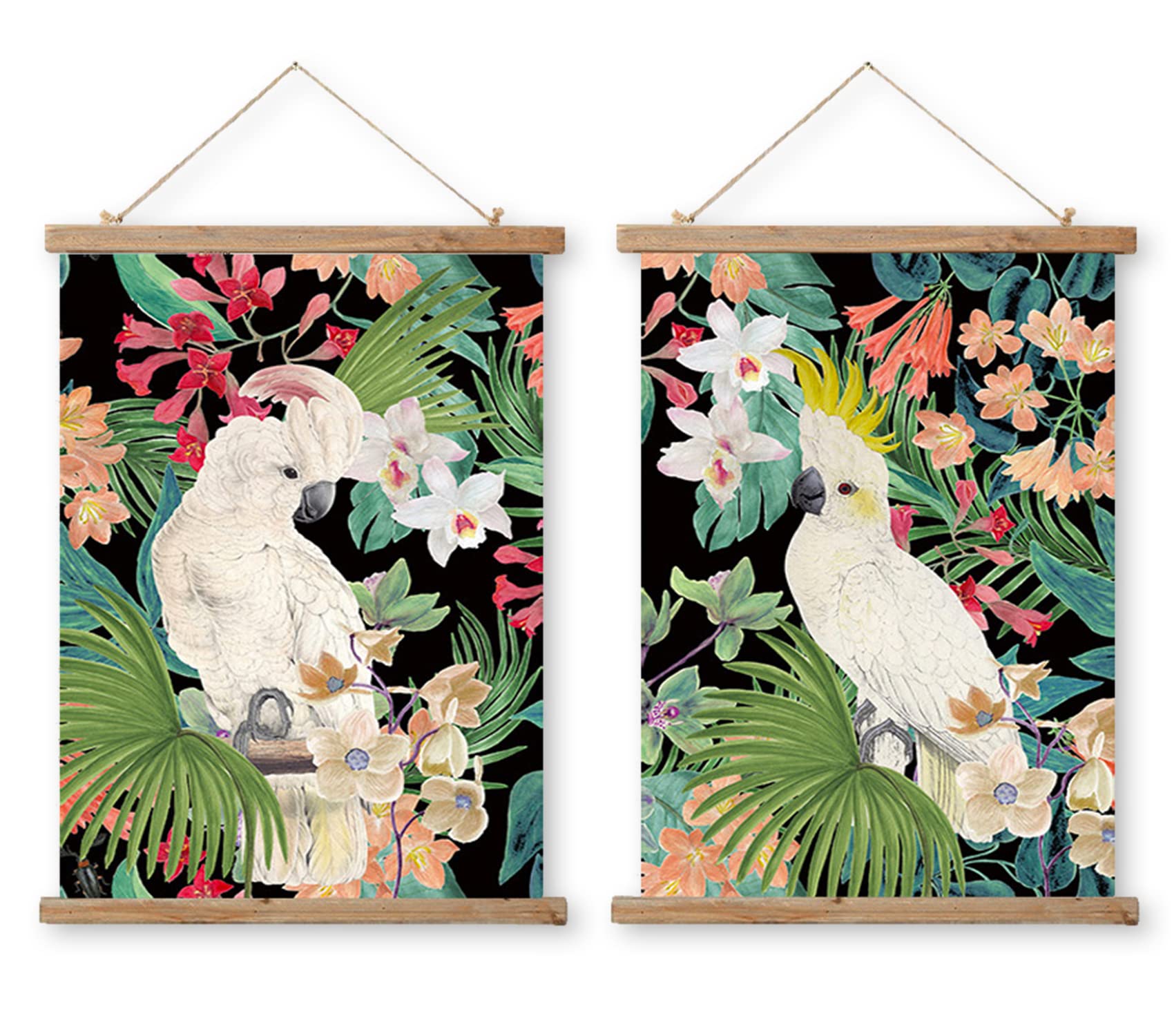 ABoby Vintage Hanging Parrot Posters, Decorative Wall Art Prints, Printed on Linen with Wood Frames, Ready to Hang