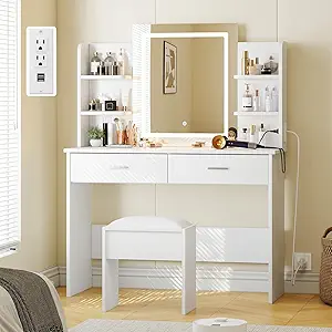 GarveeHome Vanity Desk with Mirror and Lights, Makeup Vanity Set with Cushioned Stool, Power Outlet, Makeup, 6 Storage Shelves, 2 Large Drawers and 3 Color Adjustable Brightness, White