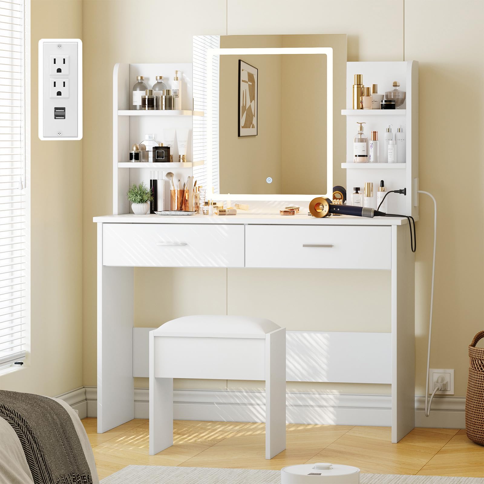 Photo 1 of GarveeHome Vanity Desk with Mirror and Lights, Makeup Vanity Set with Cushioned Stool, Power Outlet, Makeup, 6 Storage Shelves, 2 Large Drawers and 3 Color Adjustable Brightness, White