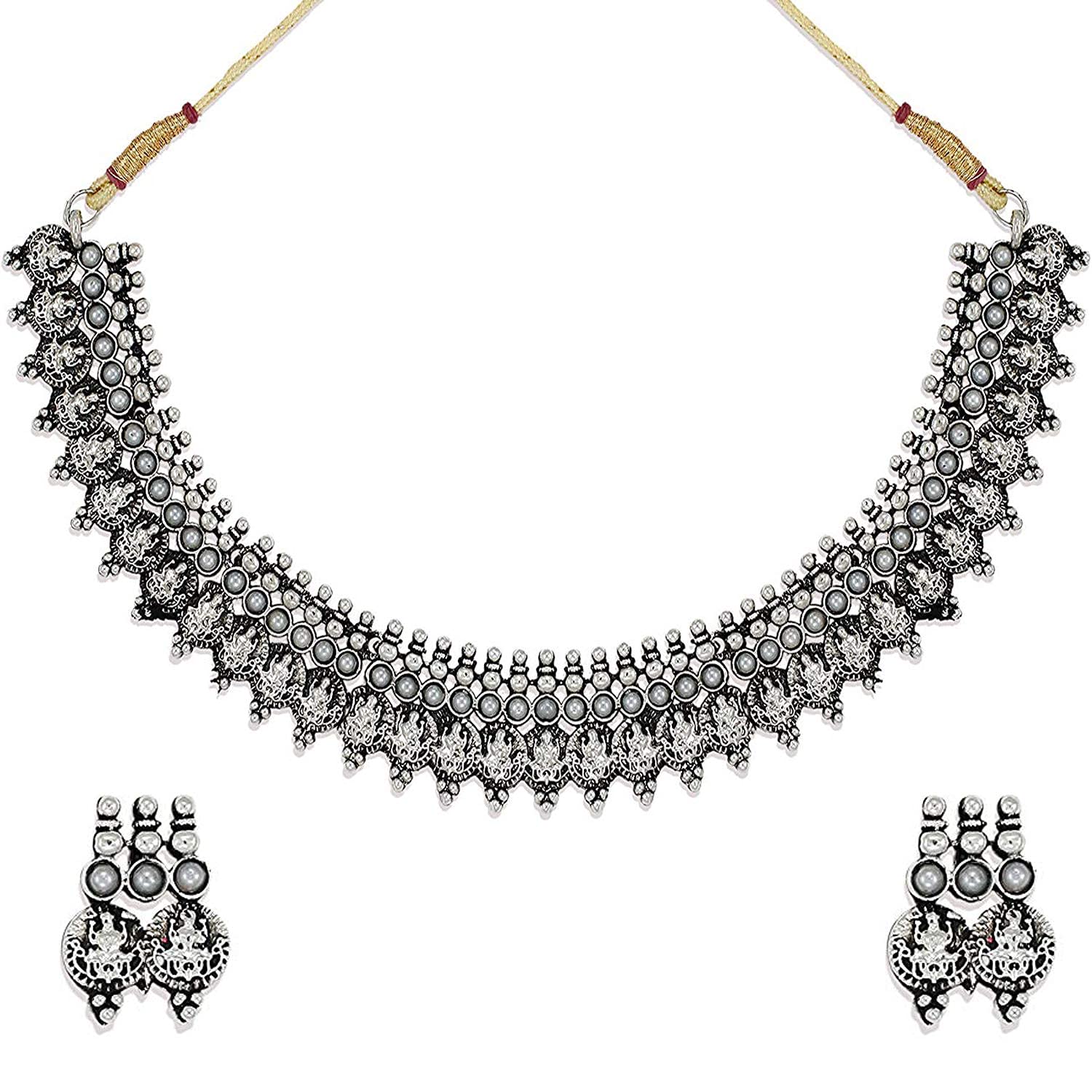Om Jewells Oxidised Silver Plating Alloy and Floral Multistrand Necklace Set And Temple Choker Necklace Set for Women & Girls (Silver) 1