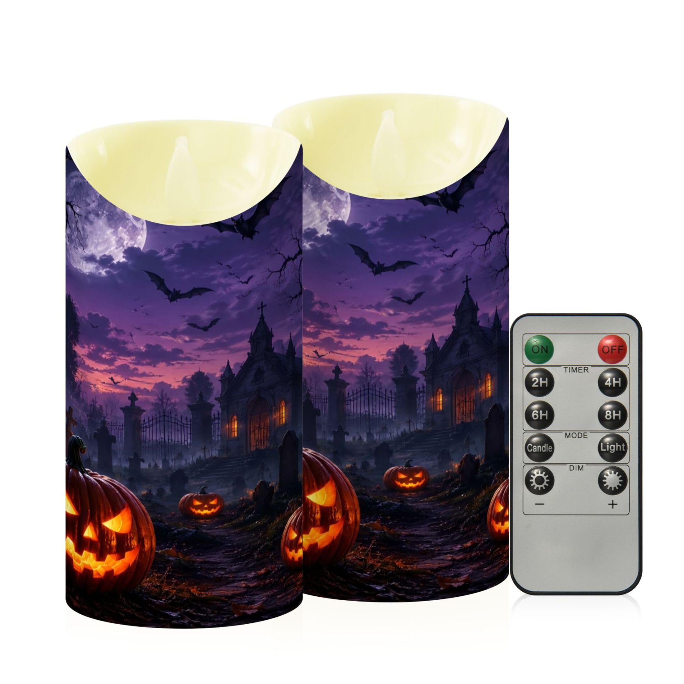 Fuauuyl Halloween LED Flameless Candles Flickering Plastic Pillar Candles Battery Operated Votive Candle with Remote Control and Timer, Home Decoration 2 Pack