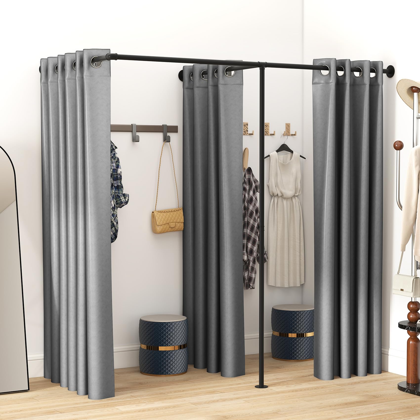 F tipo spogliatoio per negozi di abbigliamento, Grande doppio spogliatoio divisore, protezione privacy abbigliamento negozio spogliatoi tende divisori per centro commerciale ufficio, grigio