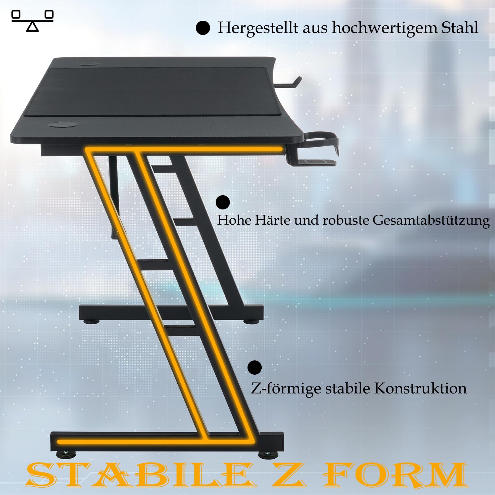 AufuN Gaming Tisch 120/140/160 x 60cm, Gaming Schreibtisch mit LED Beleuchtung, Kopfhörerhaken und Getränkehalter, Stabiler Computertisch Arbeitstisch, PC Tisch Gaming (Ohne LED, 160 x 60cm)
