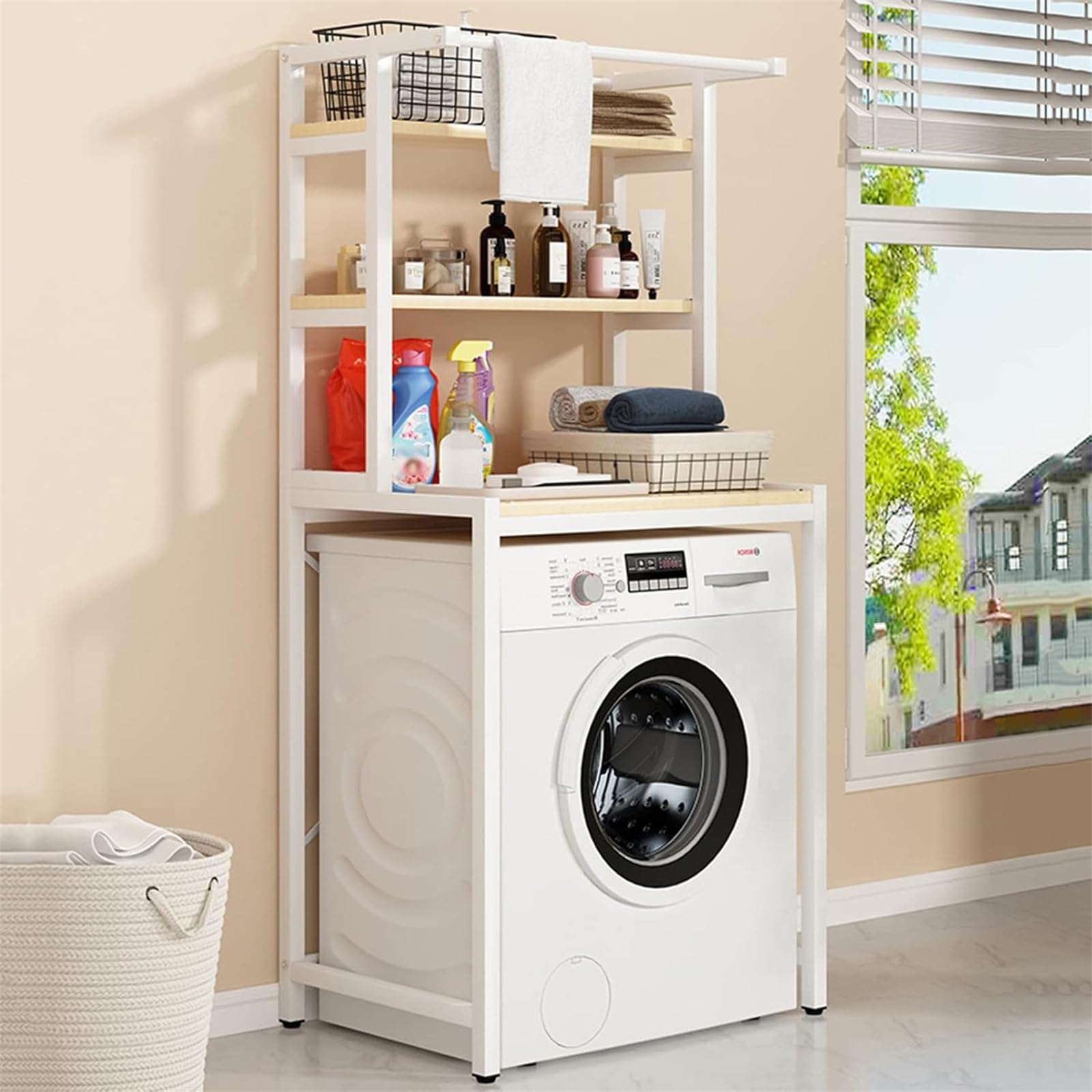 Estantería para lavadora, para inodoro, 3 niveles, de metal, material de madera, para ahorrar espacio, color blanco y madera