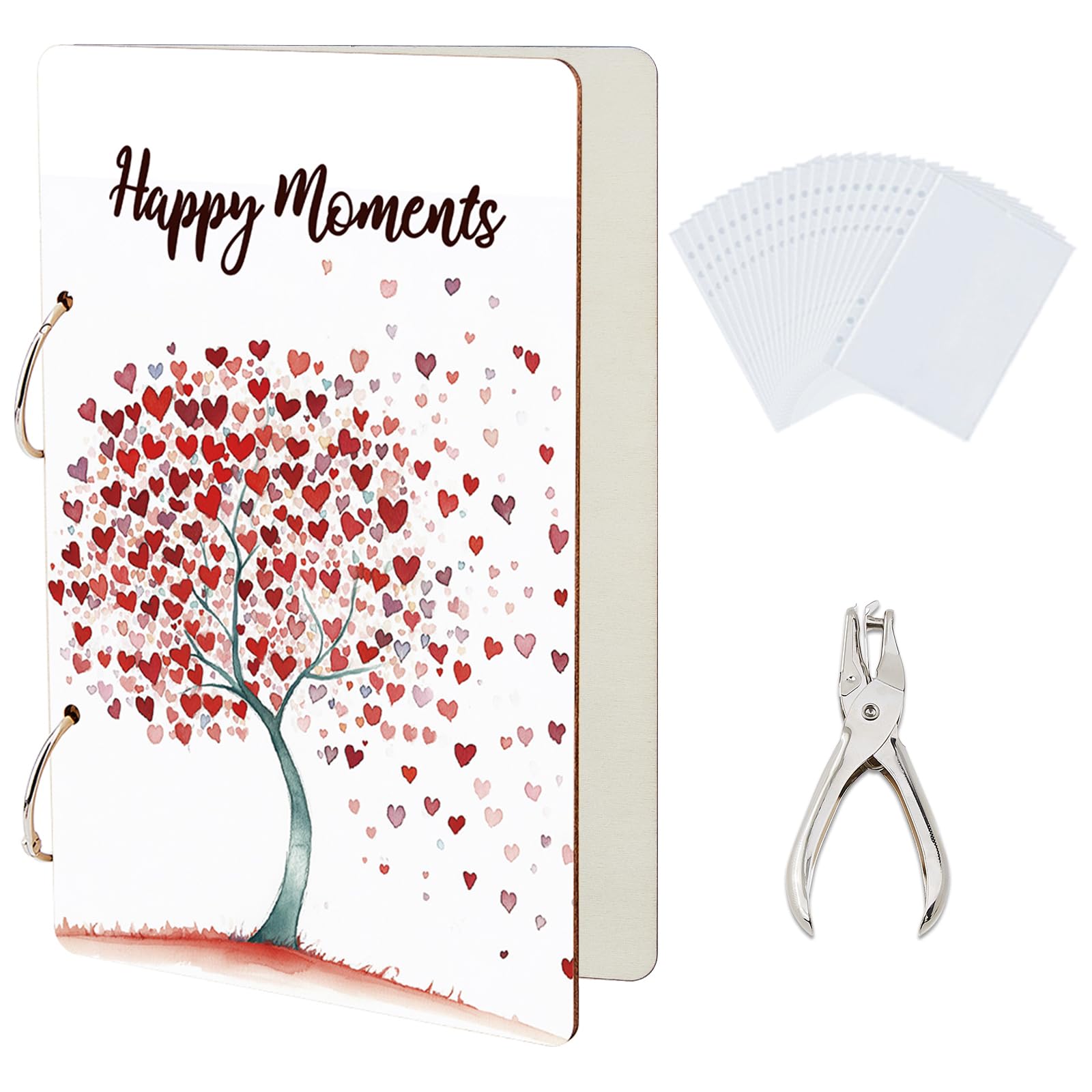 SUPERDANT Happy Moments Greeting Card Holder Organizer Trees and Love Wooden Card Keeper Binder Birthday Cards Keeper Photo Album Cover with Punch and