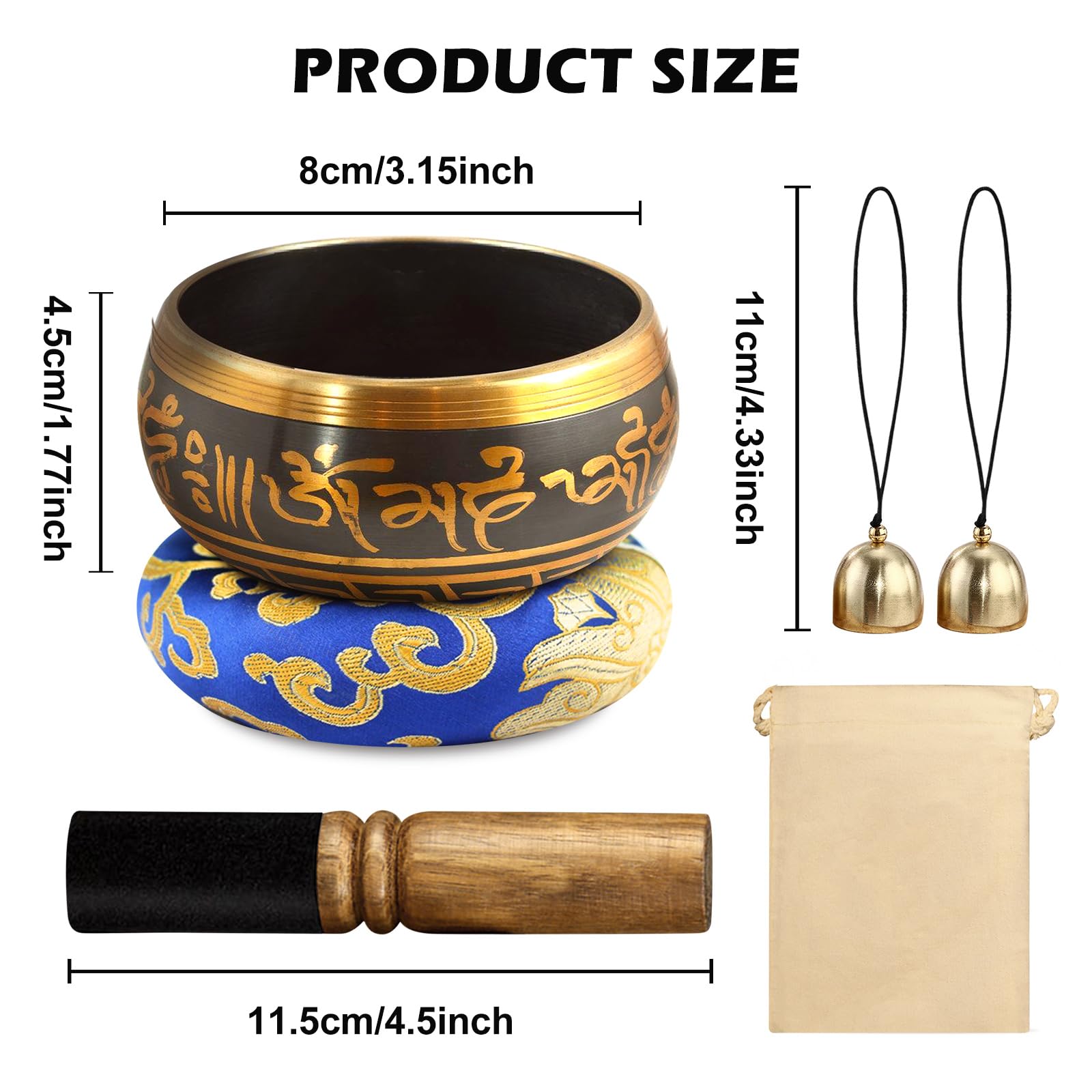 Bol Chantant Yoga Relaxation Cloche Tibétaine Authentique 8cm - Bol Chantant Main - Laiton - Set Complet Avec Bâton Et Étui - Yoga Méditation Bol Tibétain