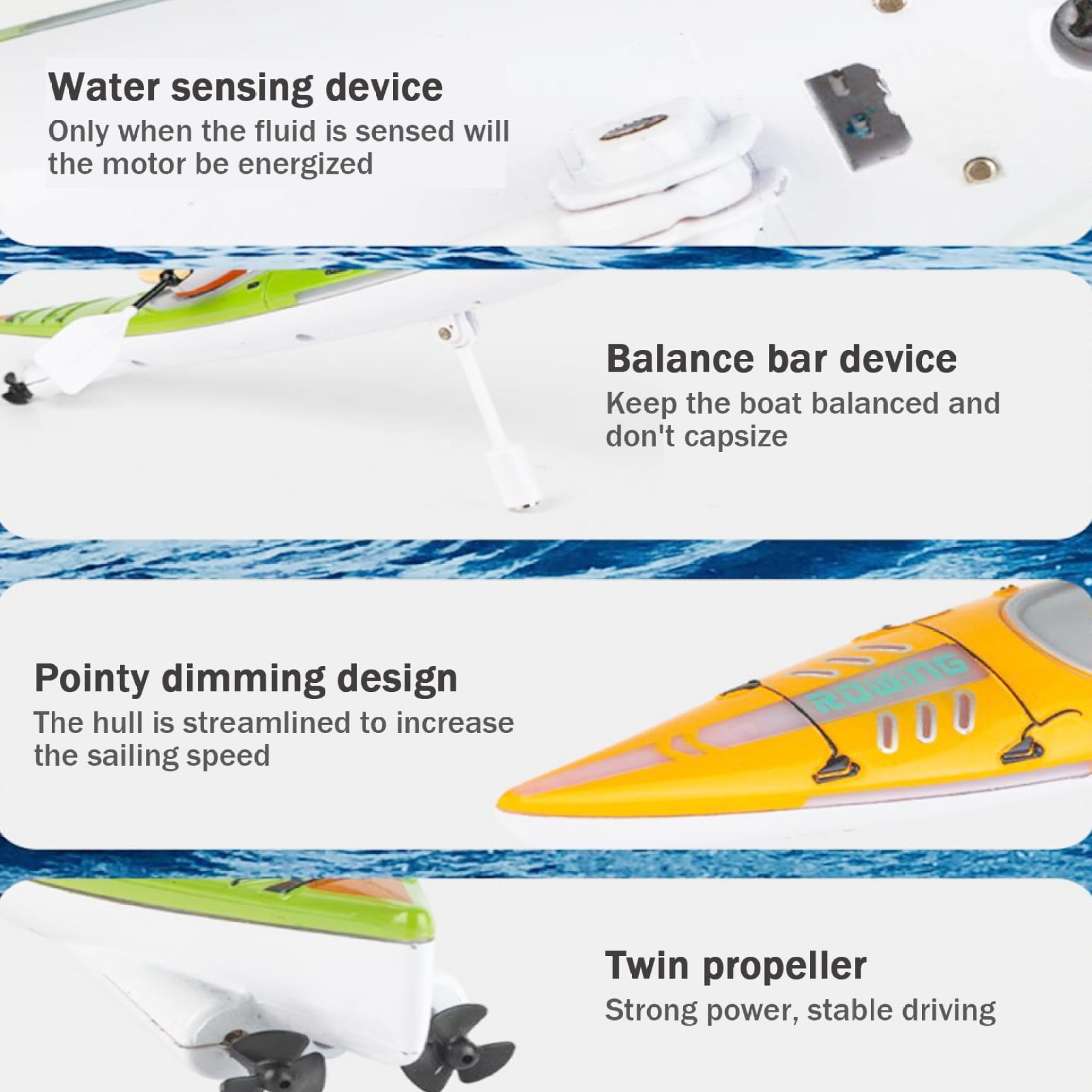 Bateau télécommandé de compétition, kayak télécommandé 2, 4 GHz, rechargeable, LED simplifiée, anti-basculement, double mode de conduite, jouets aquatiques d'extérieur pour enfants et adultes (bleu