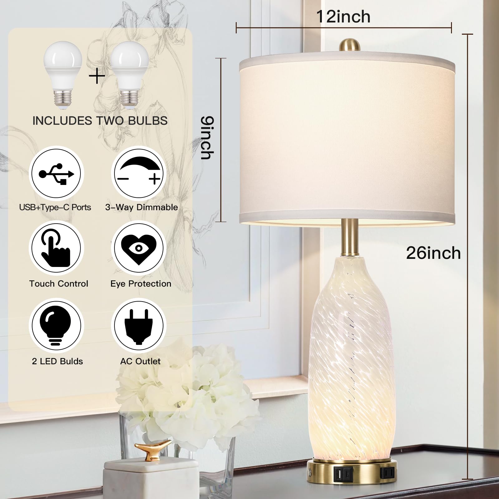 Rinweey 26 Zoll Moderne Klarglas Tischlampen 2er Set, Nachttischlampe mit USB A+C Port und AC-Ausgang, 3 Wege Dimmbar Touch Control Nachtlicht für Schlafzimmer Wohnzimmer