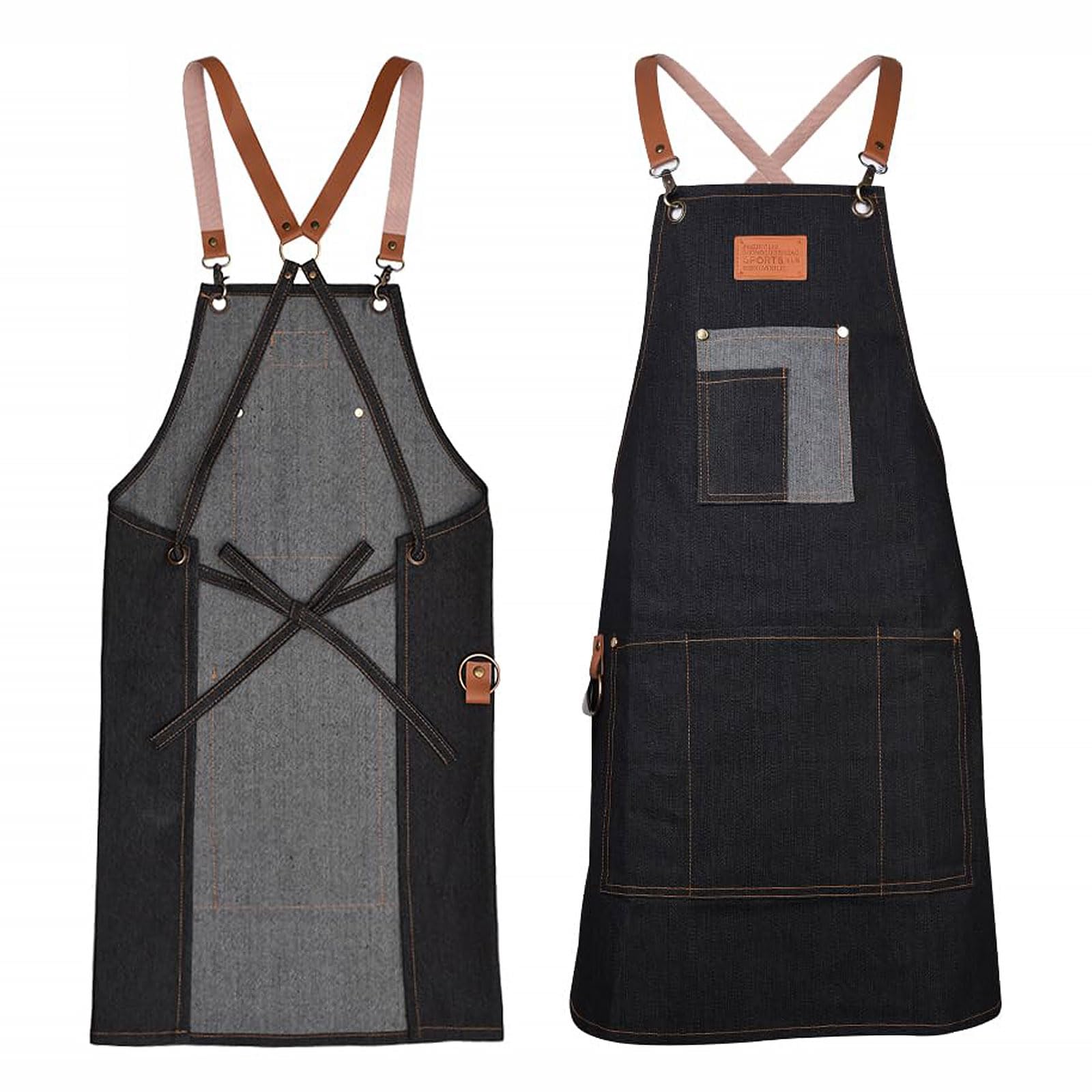 Work Apron, Multi-pocket Canvas Apron, Kitchen Chef Cooking Cross Back Denim Pinafore, Carpenter Gardener Chef Artist Anti-Dirty Pinafore Workshop, Unisex for Restaurant Bar Cafe Grill Bakery Shop