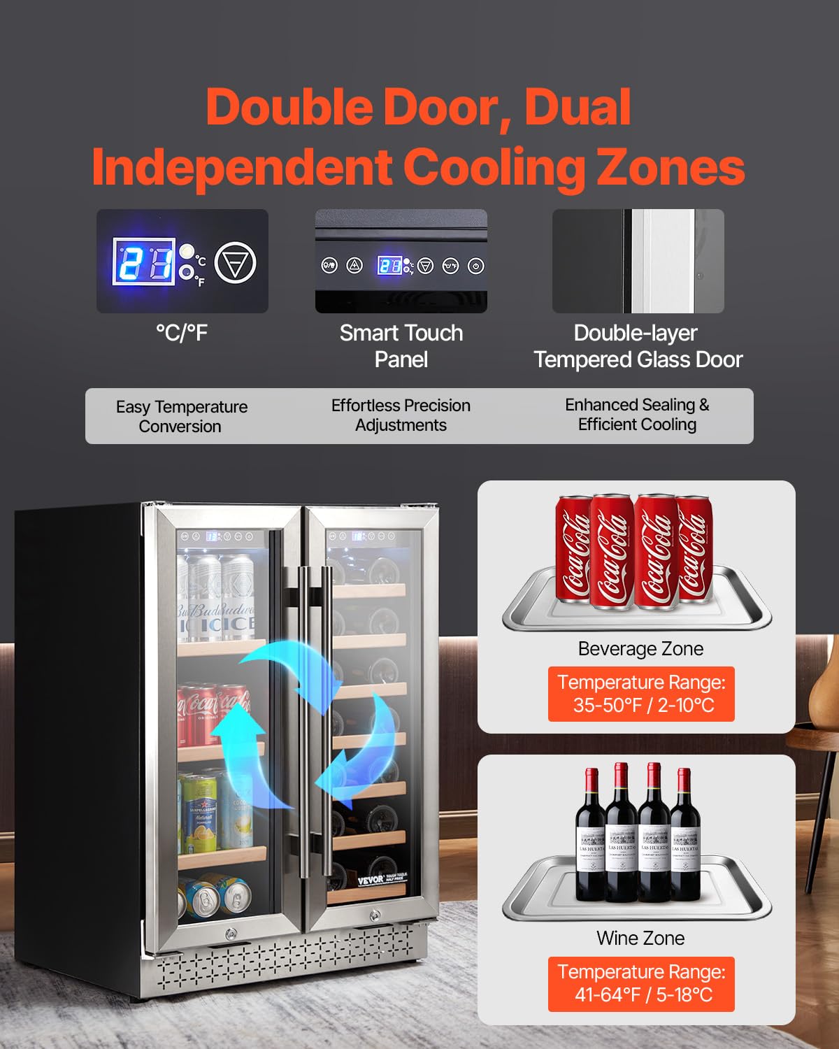 VEVOR Wine And Beverage Refrigerator, 24 In Dual Zone Wine Cooler, Built-In & Freestanding Fridge With Glass Doors, Adjustable Shelves, Digital Temperature Control, 64 Cans And 20 Bottles Capacity on Fridge.com - View 3