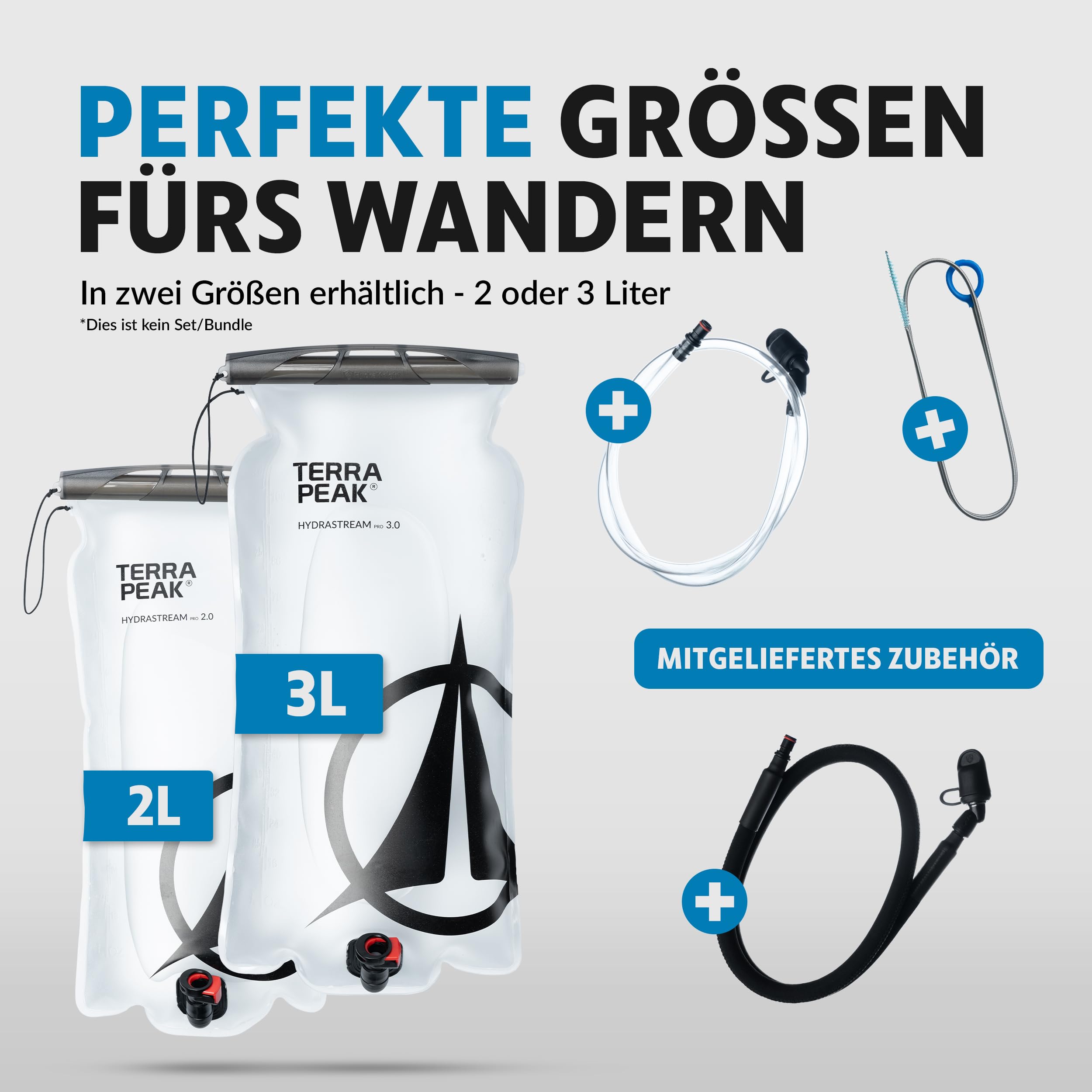 Terra Peak® Bukłak premium 2 l i 3 l z akcesoriami, lekki worek na napoje, system do plecaka, bukłak na wodę, nie zawiera BPA, do wędrówek, uniwersalnie kompatybilny z plecakiem turystycznym