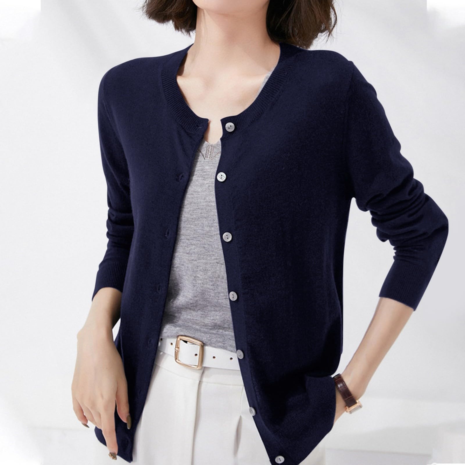 Cardigan Décontracté Léger Gilet Femme - Pull Cardigan Léger Coupe Slim pour Confortable Veste en Tricot À Manches Longues Et Col Rond Ouvert sur Le Devant
