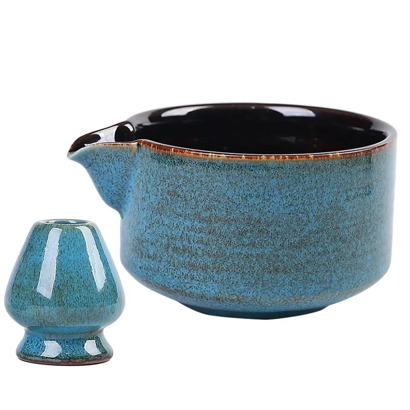 Juego De Té Matcha Juego De 2 Cuencos Cerámica For Matcha Con Pico Vertedor Y Soporte Reutilizable For Batidor Té, Cuenco Verde Hecho A Mano(Blue)