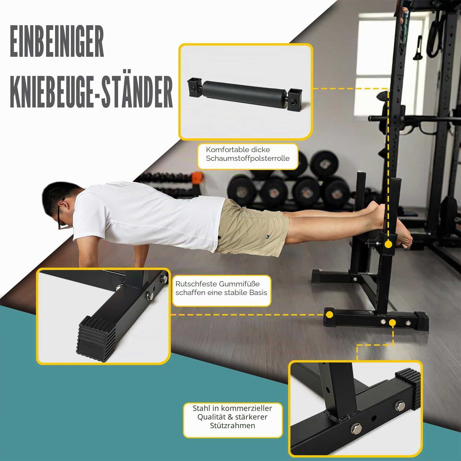 Einbein-Kniebeugenroller, höhenverstellbarer Bein-Kniebeugenständer, bulgarischer geteilter Kniebeugenständer für Zuhause, Fitnessstudio, Beinkrafttraining