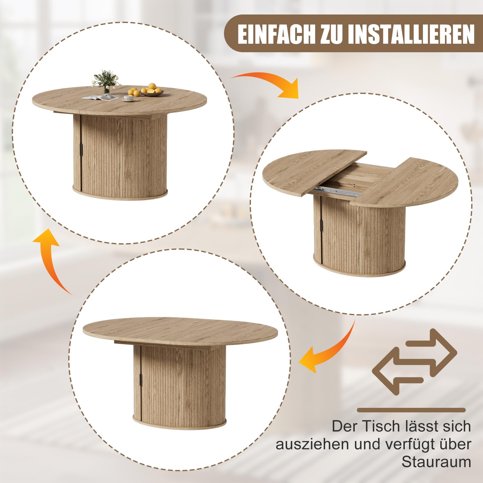 MSFE Esstisch Ausziehbar mit Verstecktem Stauraum Runder Esstisch für 4-8 Personen Moderne Esszimmertisch aus Holz mit 2-lagigem Lagerregal und Schiebetür für Esszimmer Wohnzimmer 110-150x110x75CM