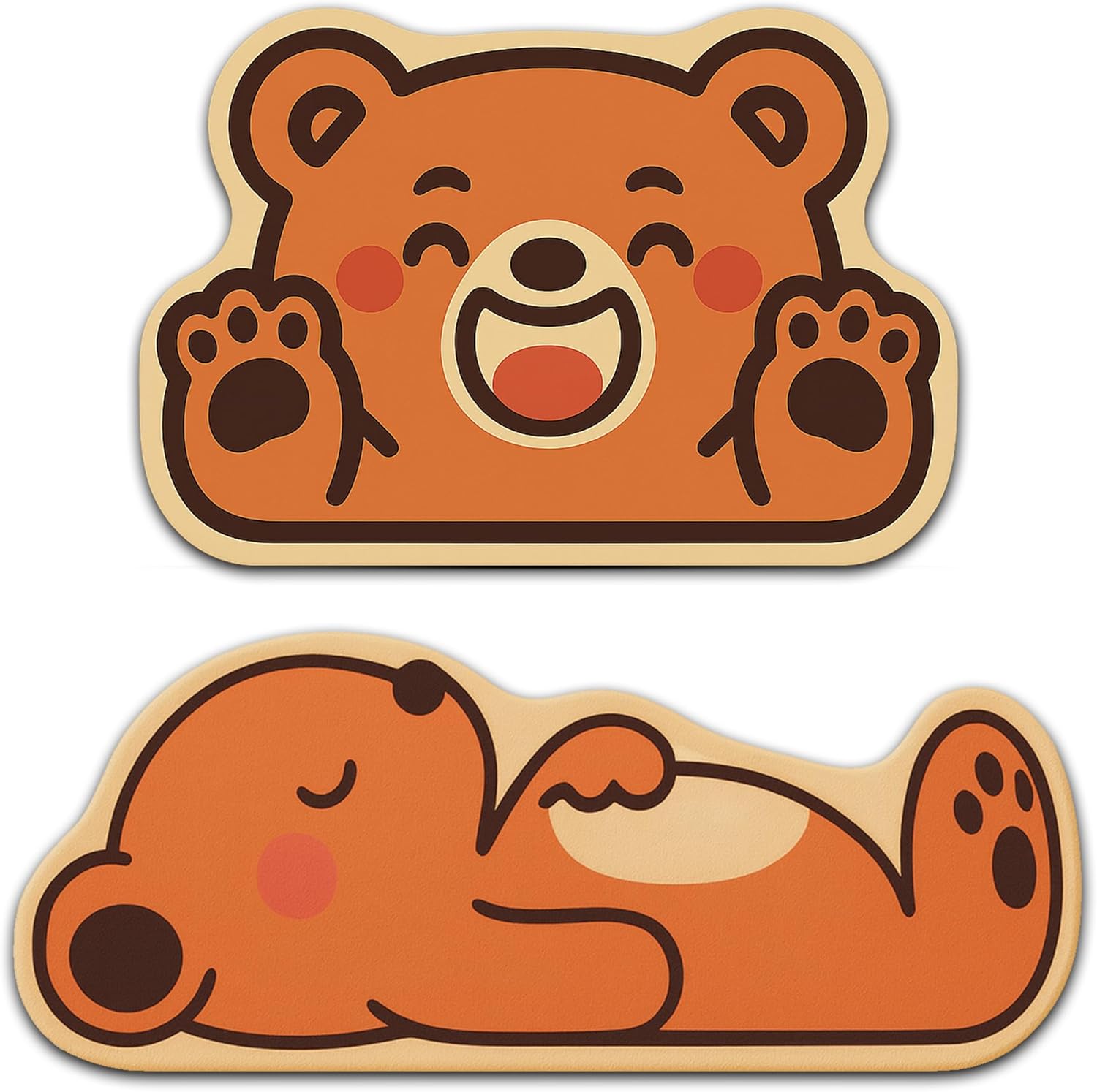 Cute Bear Bath and Kitchen Mat Set 2 Piece, Non-Slip Diatomaceous Earth Style Rubber Backing, Quick Dry Absorbent Thin Bathroom Rug and Kitchen Runner, Washable, Brown Kawaii Home Decor