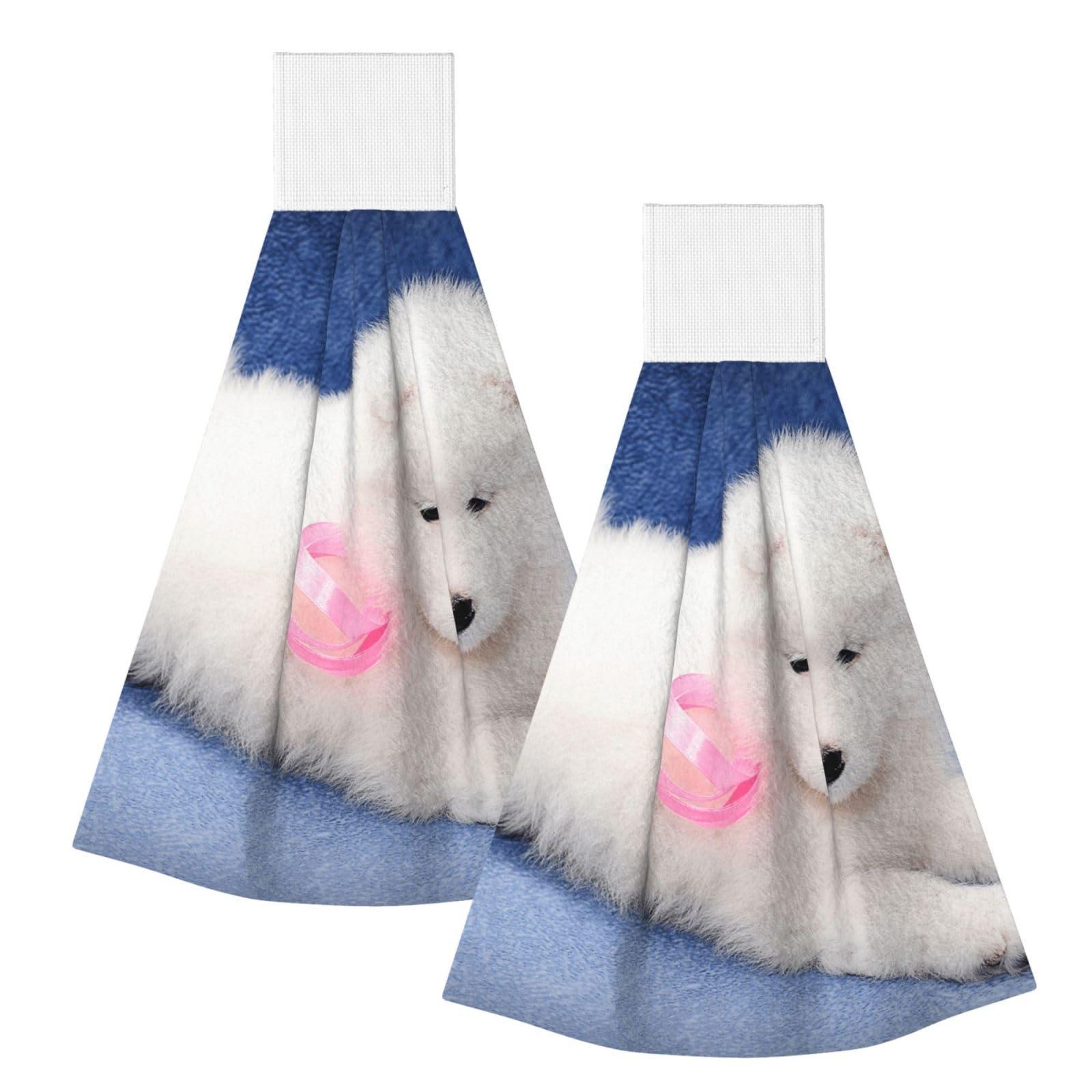 DOPKLNA Samoyed Puppy White Dogs Puppy With Bow Furry, 2 Pcs Hanging Coral Fiber Hand Towels for Bathroom, Absorbent Kitchen Towels