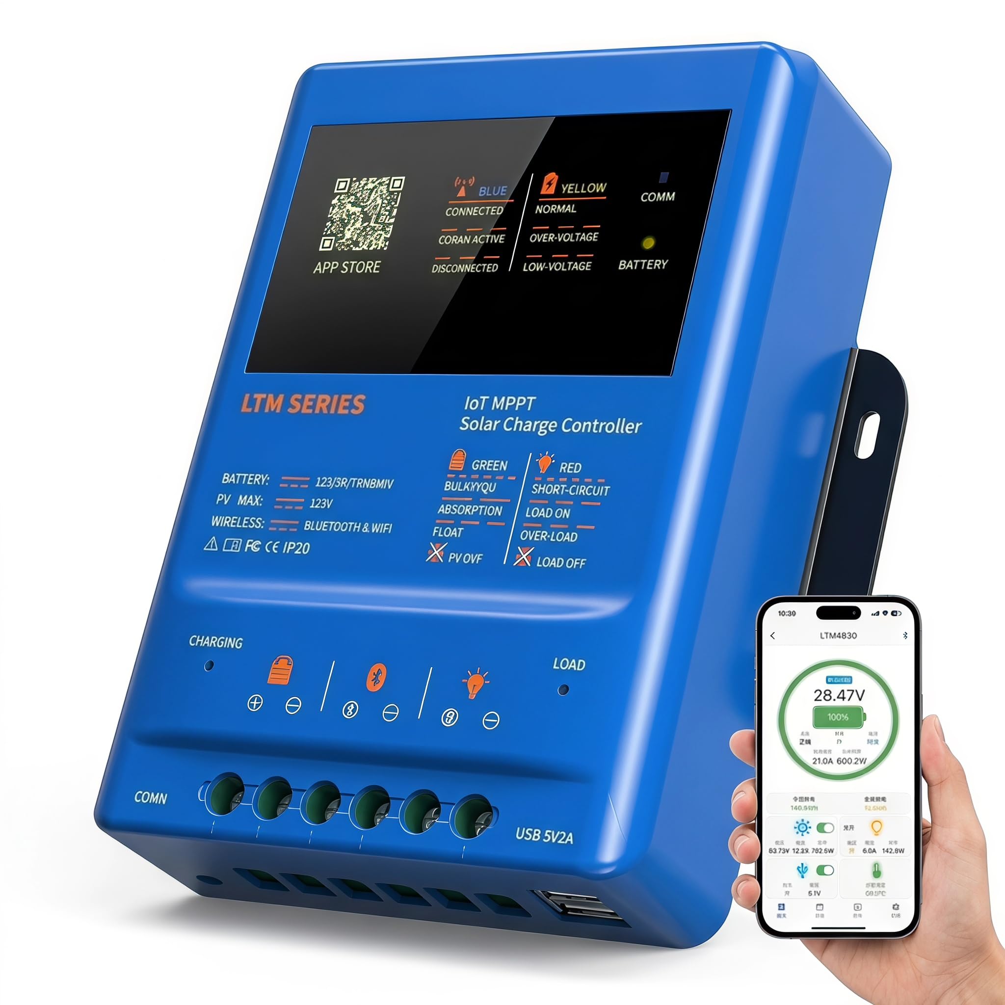 MPPT Régulateur de charge solaire 30 A 12 V 24 V 36 V 48 V 120 V PV avec application WiFi Bluetooth – Contrôleur de charge solaire intelligent pour camping-car, caravane LiFePO4 AGM hors réseau