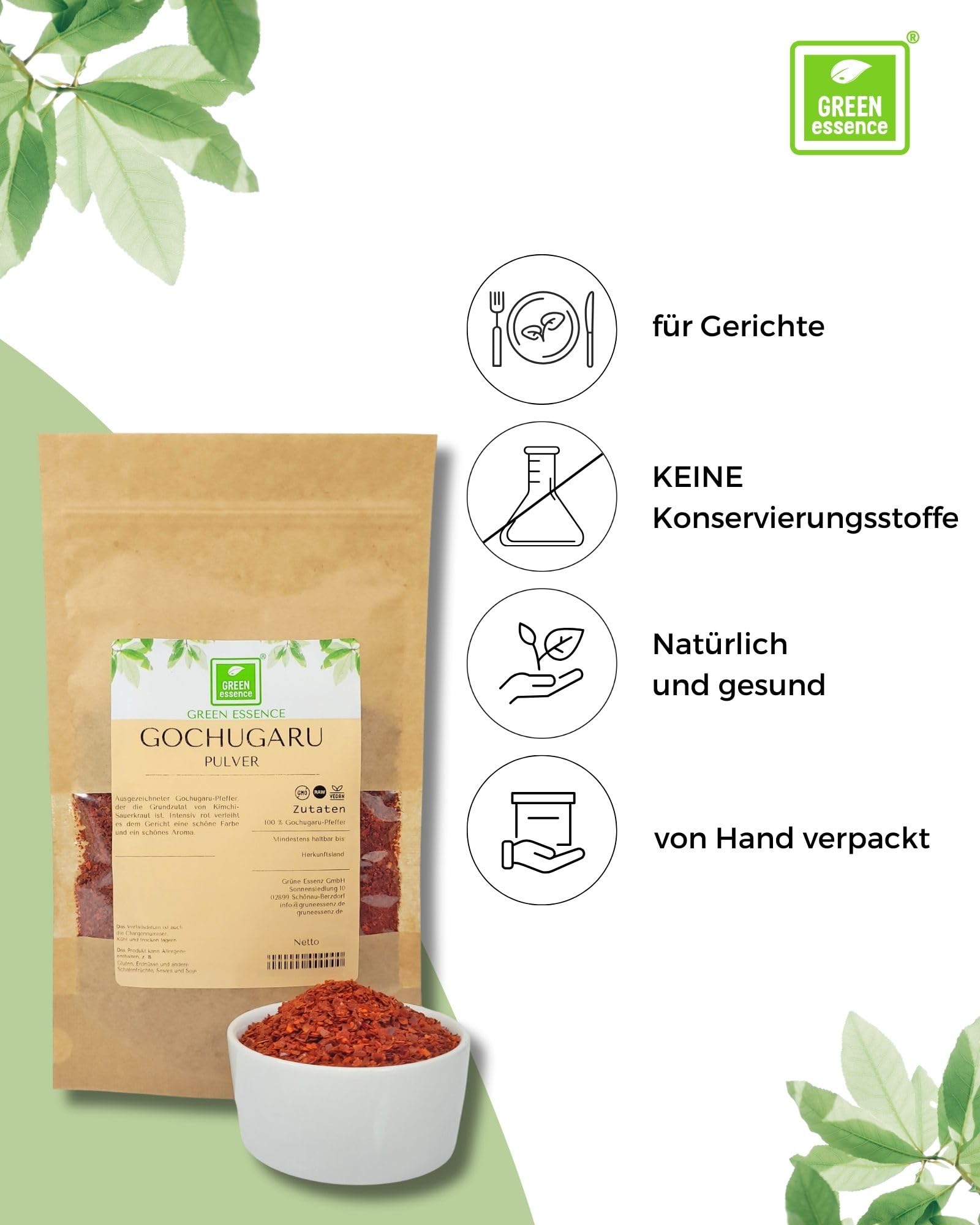 Gochugaru Poudre 500 g de Green Essence – Épices pour Kimchi – Flocons de piment Gochugaru – Flocons de piment Gochugaru (500 g)