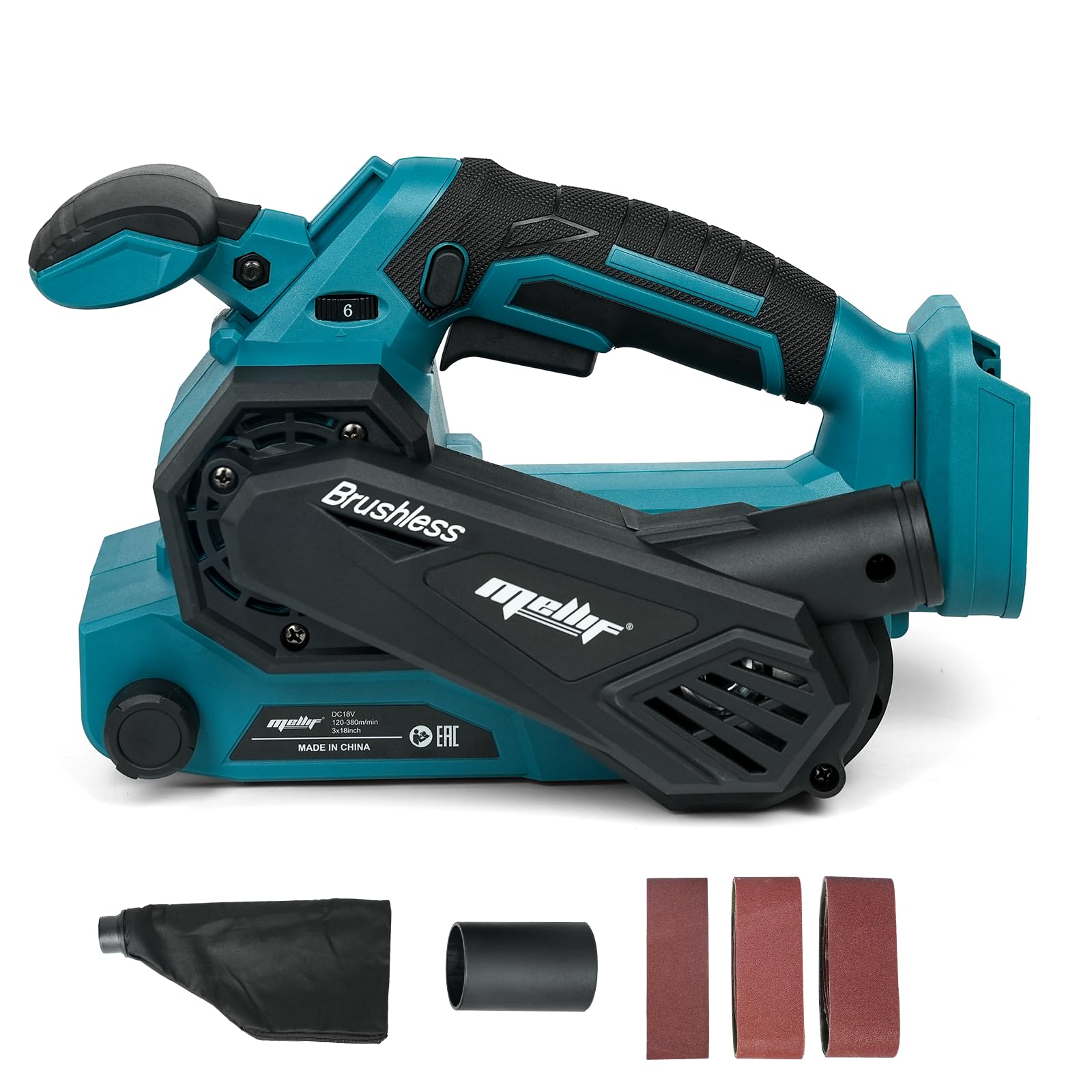 Photo 1 of Brushless Cordless Belt Sander Compatible with 18V Battery(Tool Only), w/ 10-Pack 3x18in Sanding Belts, Variable Speed, 1247 FPM, Lock-on Button, Dust Bag & Vacuum Adapter for Woodworking