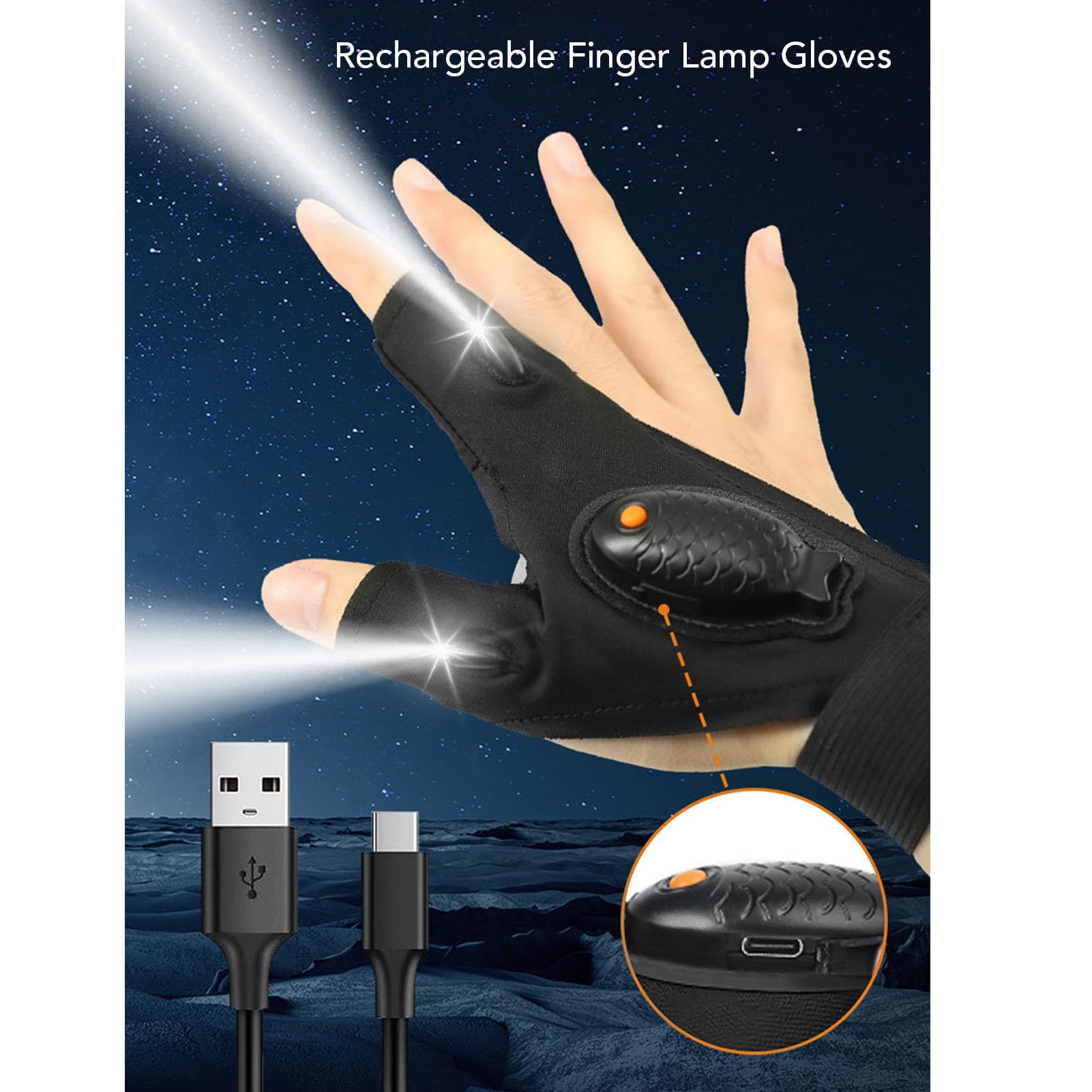 1 para Rękawiczek LED Lantern Rivoes Ribloves LED dla Wielofunkcyjnych ładowania na Nocne Wędkarstwo, Biwakowanie i Wędrówki i Narzędzia