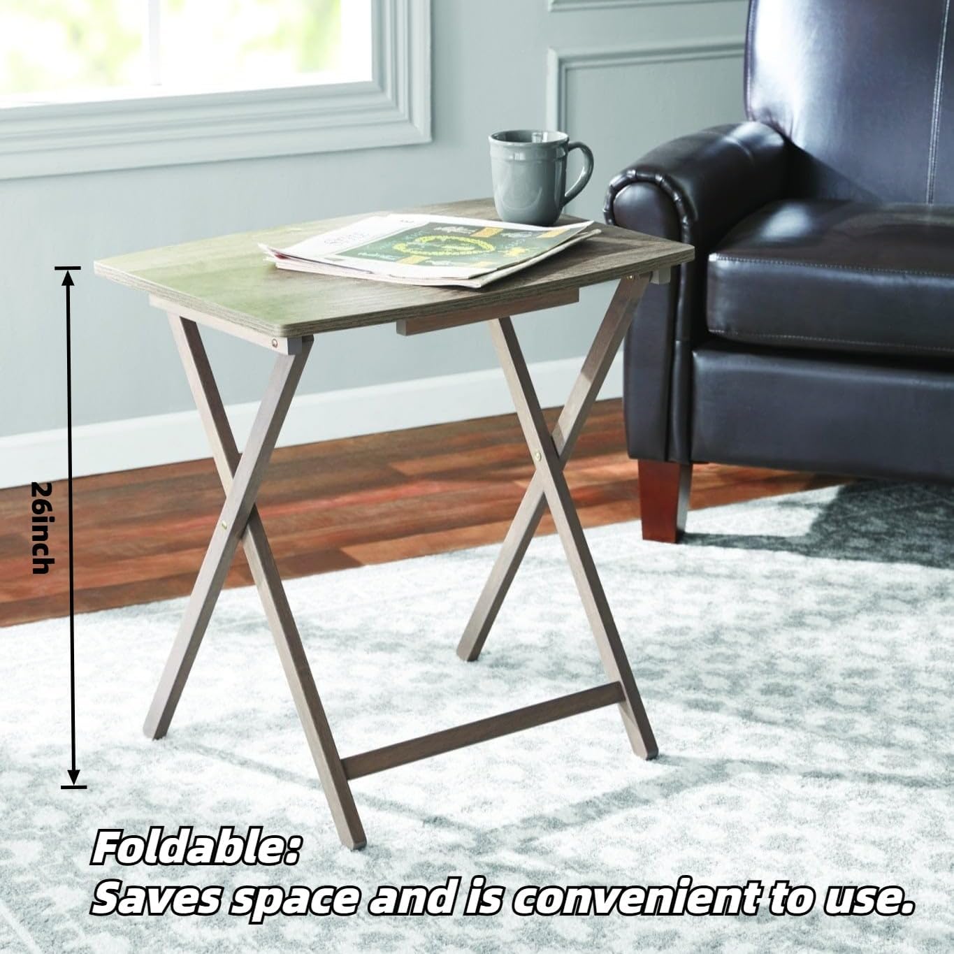 Folding Side Table, 23.6" Portable Wooden TV Tray Table with X-Shaped Legs, Wood Finish Small Folding Desk for Living Room, Bedroom, Compact Space-Saving Accent Table