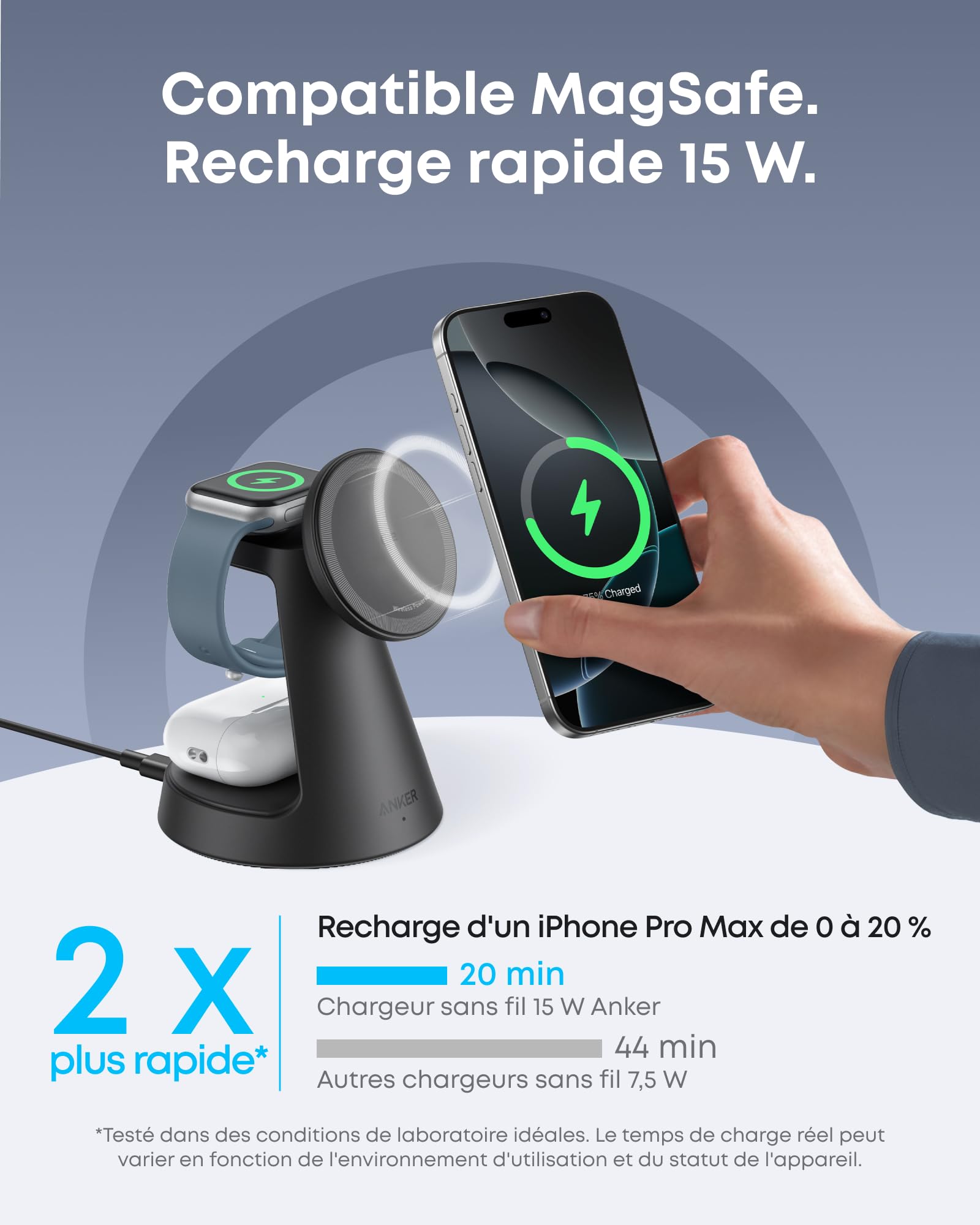 Anker MagGo Chargeur à Induction pour iPhone, 3 en 1, 15W (Socle) | Chargeur sans Fil Certifié Qi2 MagSafe, pour iPhone 17/16/15/14, Apple Watch, AirPods Pro, et plus (avec Adaptateur)