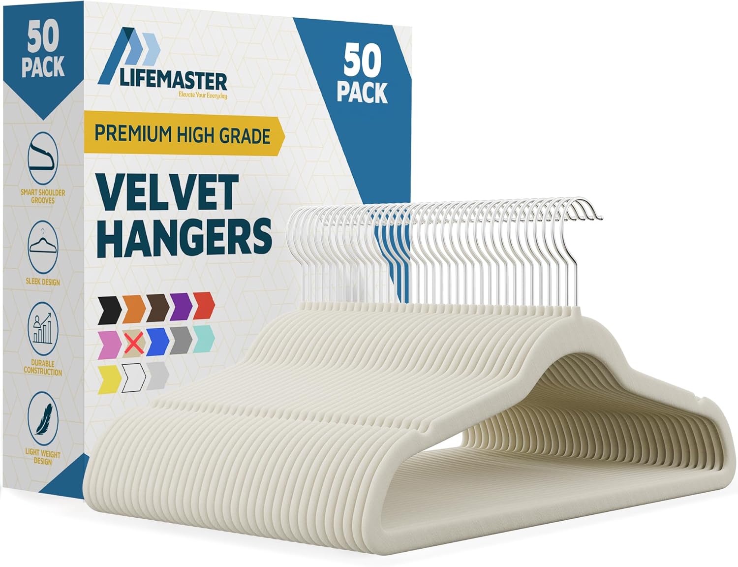 Velvet Non-Slip Hangers - 50 Pieces Non-slip Coat Hanger Set with 360° Swivel Hook, Space-Saving, Sleek Design, Keep Closet Organized, Smooth Velvet Finish, Lightweight Construction - Ivory 50 Pack Ivory