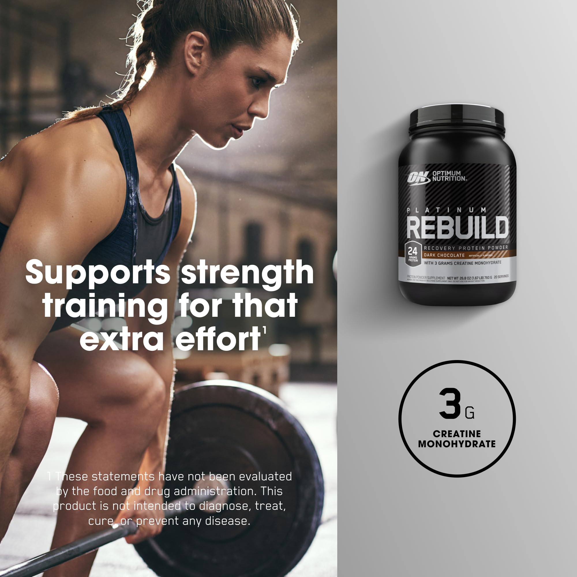 Optimum Nutrition Platinum Rebuild, Premium Platinum Blend Protein Powder with Creatine Monohydrate, Dark Chocolate, 20 Servings