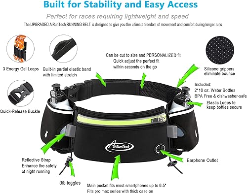 Miniatura 4 de AiRunTech Cinturón de hidratación para correr con botella de agua, riñonera para teléfono y cartera, bolsa de correr, accesorios esenciales,