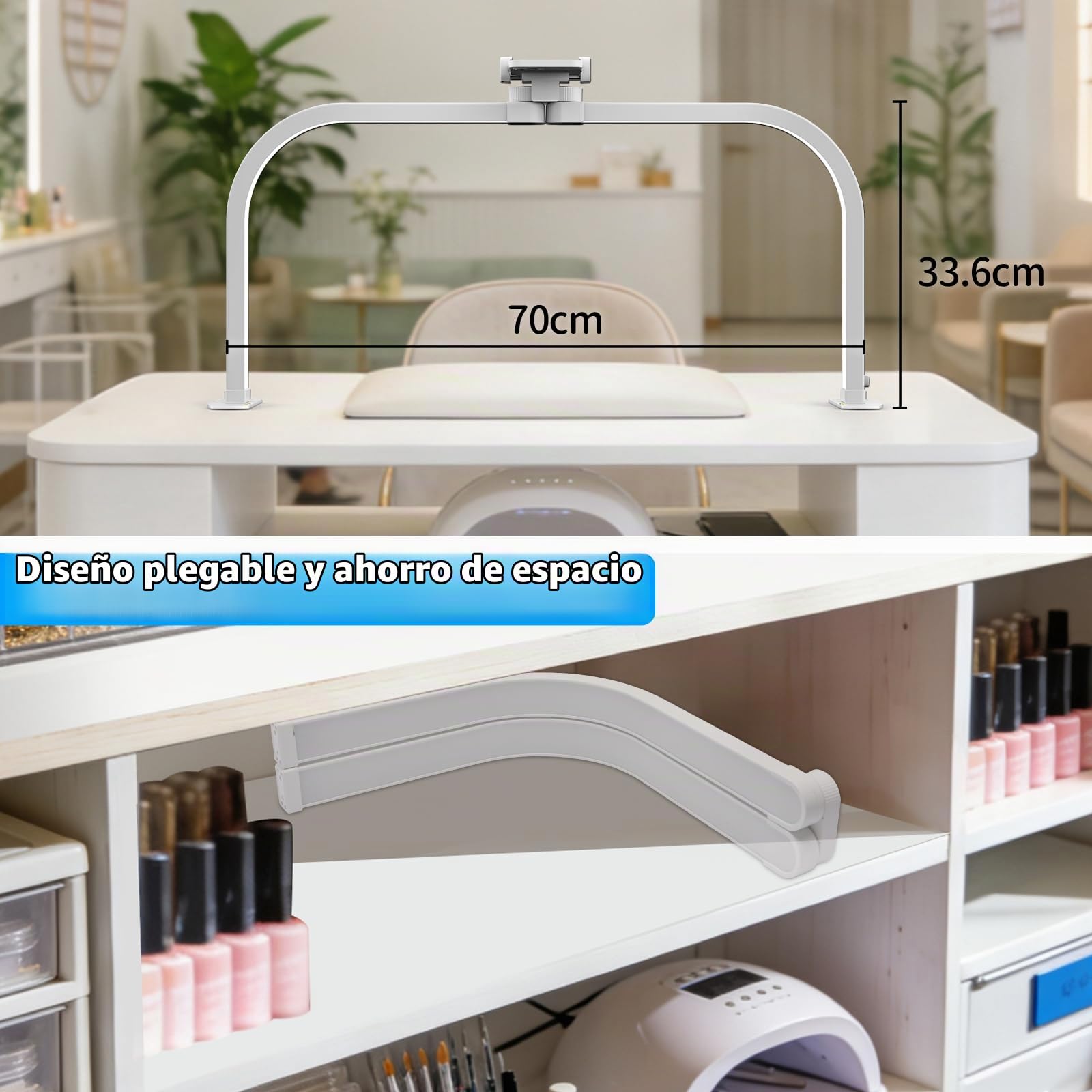 CGBE LED Lámpara Media Luna Manicura Plegable para Técnico de Uñas - Negro | Lámpara de Mesa para Uñas - 3 Modos 10 Brillos - Regulable Luz con Soporte para Teléfono para Manicura Tatuaje Manualidad