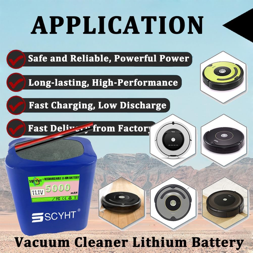 Lithium Battery 3S 11.1V Rechargeable Battery 5000mAh Vacuum Batteries 11.1V Li-ion Batteries for Sweeper for 25W - 55W Motor Kit with 10A BMS
