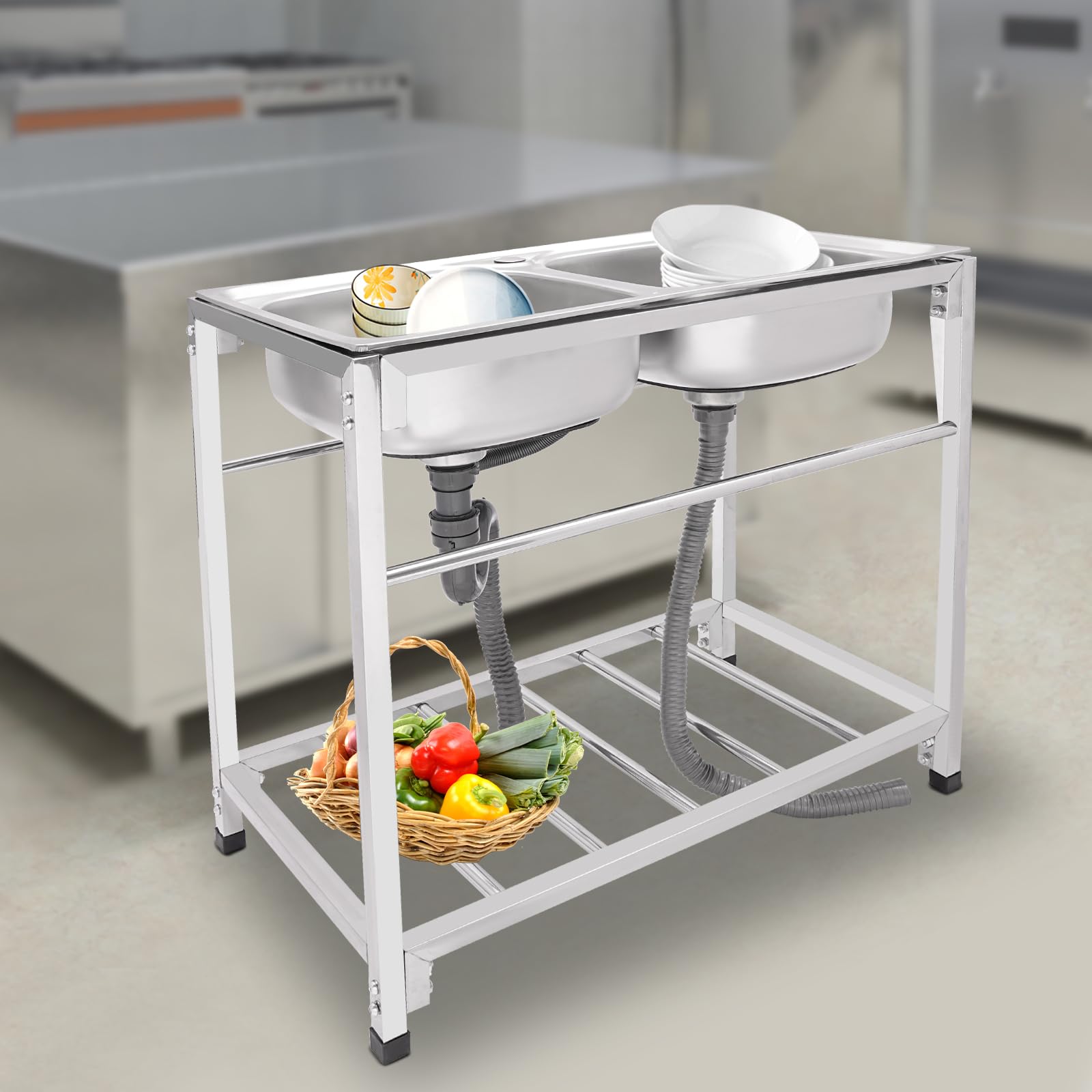 Lavabo indipendente con 2 vasche in acciaio inox, lavello da cucina indipendente per esterni, in acciaio inox, per esterni, cortile, cucina, ristorante