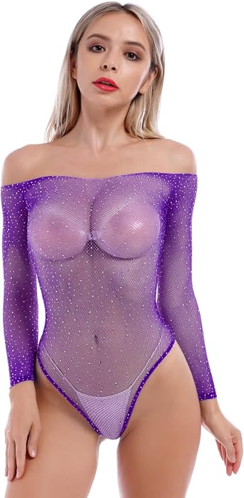 Women Sexy Sparkle Rhinestone Teddy Fishnet Long Sleeve Bodysuit Top One Piece Sheer Mesh Lingerie Off Shoulder Outfit