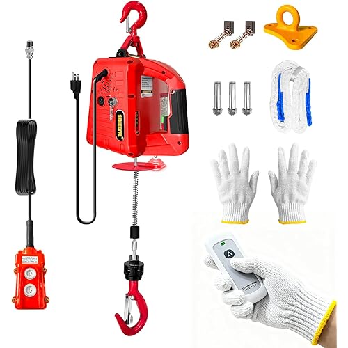 Power Electric Portable Hoist Winch 1100LBS, 3 in 1 Electric Cable Hoist 110V 25 FT with Lifting Strap, Electric Hoist Lift Ceiling Winch for Lifting Towing(Red)