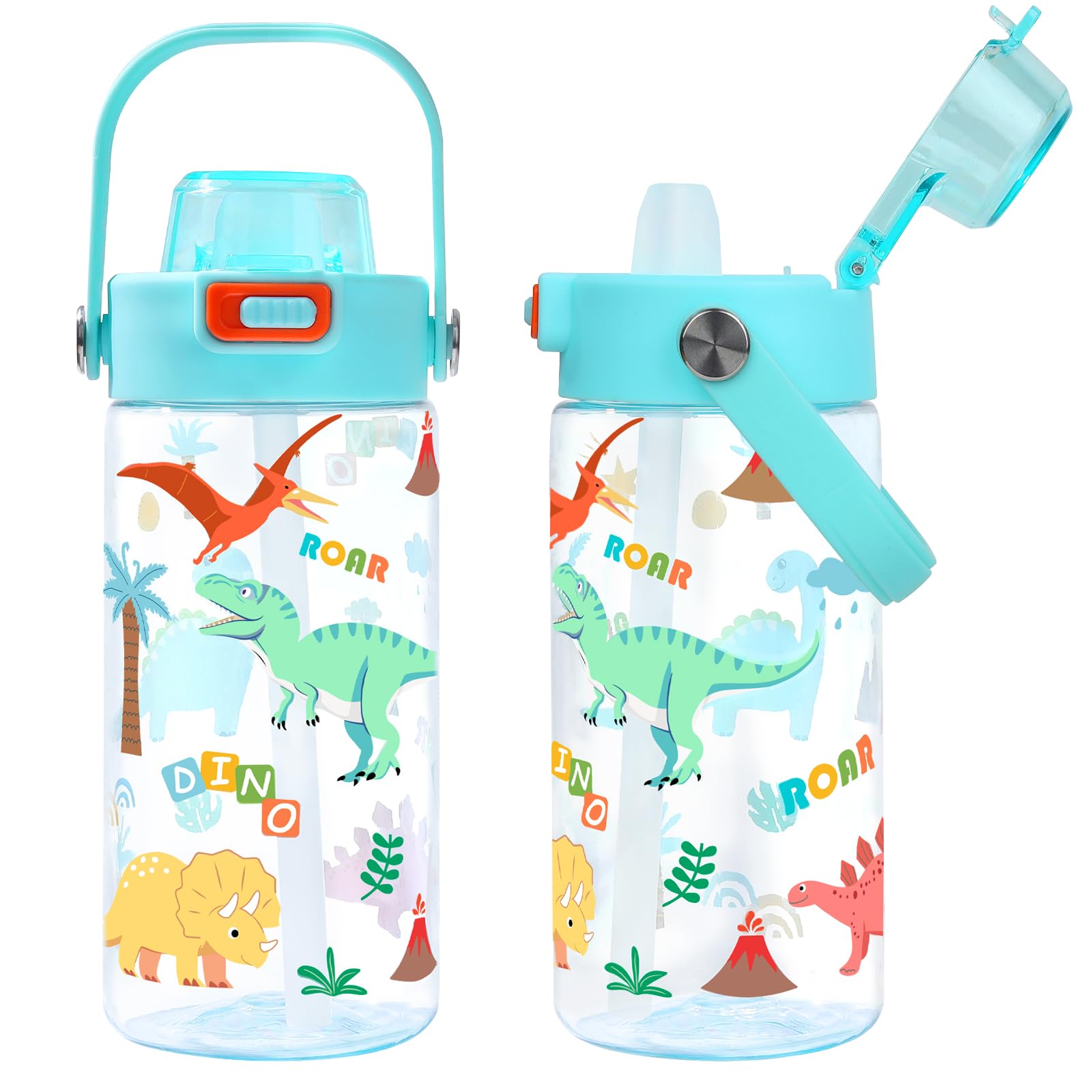 Queenshin Dinosaur Kids Water Bottle for Boys with Straw, 600ML BPA-Free Tritan Leakproof Blue Jurassic Dino Cup with Lid Handle Pop-Up Cover Sports Back to School Christmas Birthday Gifts โ image 1