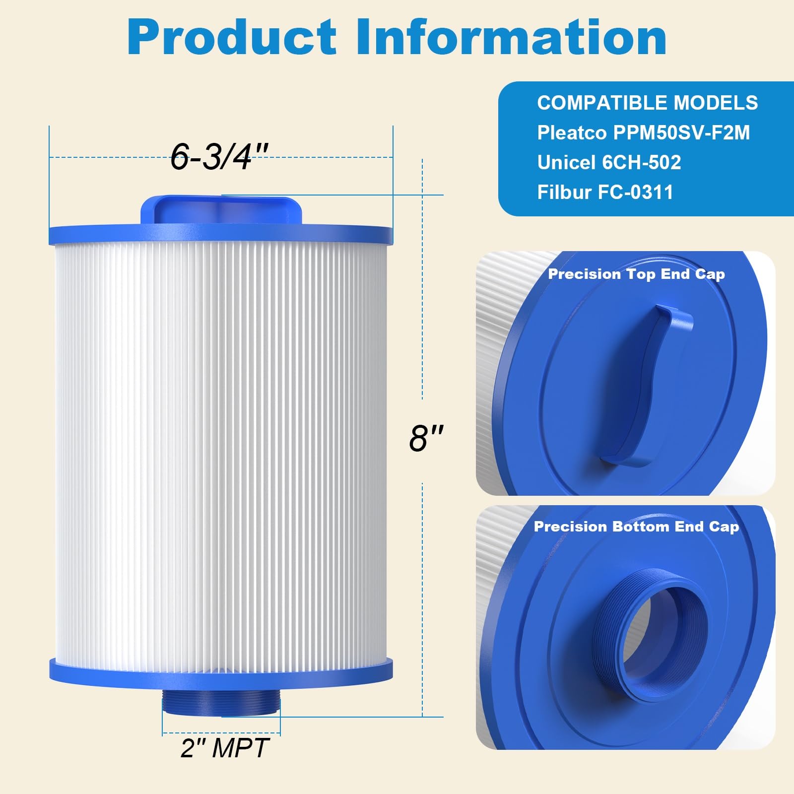 ROYOR PAS50SV Hot Tub Filter - Compatible with Excel Filters XLS-604 Artesian Spa Filters, Hot Tub Filter Replacement for Filbur FC-0311, 6CH-502, PAS50sv-F2M, 50 Sq.ft Artesian Spa Filter, 2 Pack