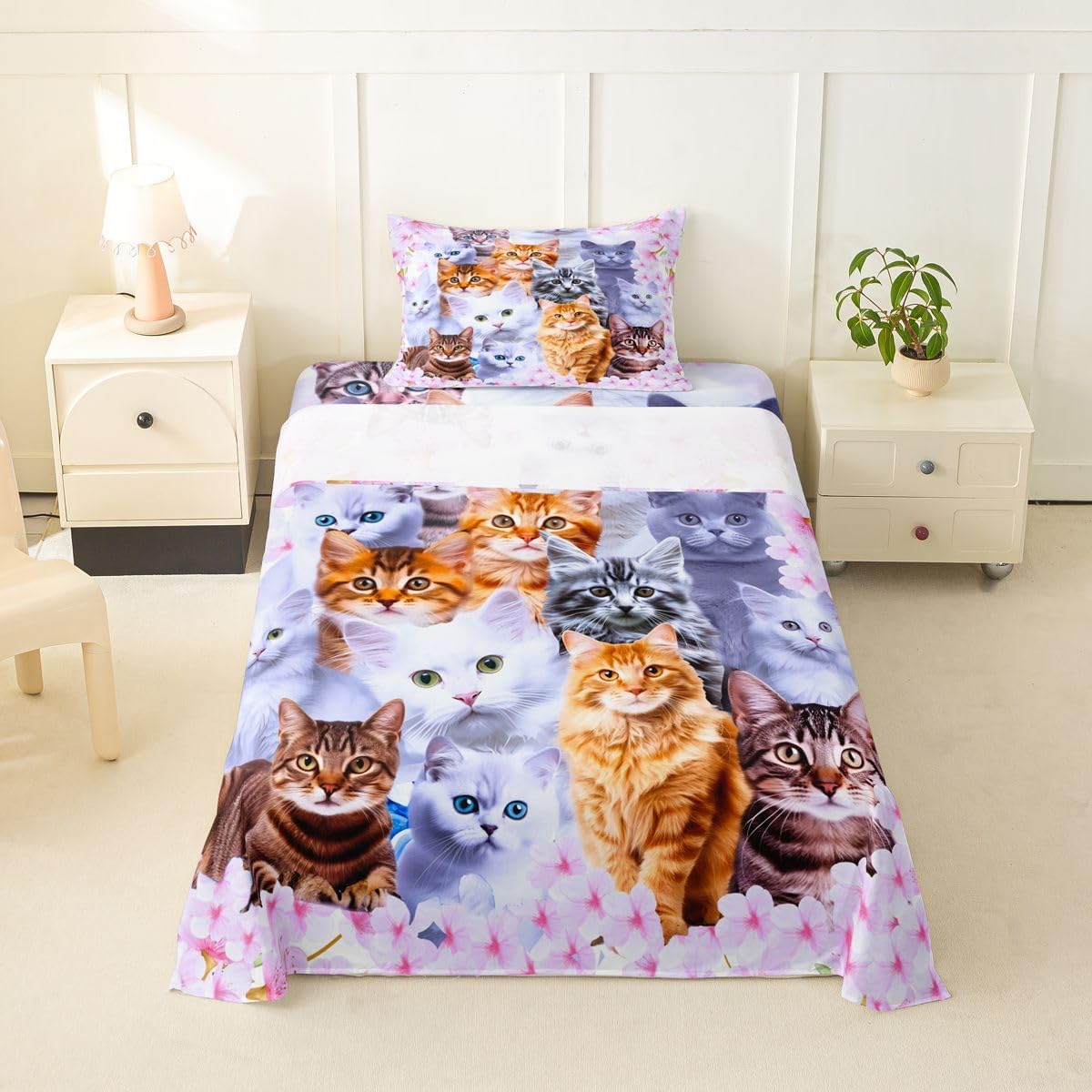 Feelyou Kids Cartoon Cat Toddler Sheet Set Cute Animal Flowers Bed Sheets Boys Girls Pet Cat Lovers Pink Bed Set Various Categories Cat Decor Sheets with 2 Pillowcases 4Pcs Bedding Queen