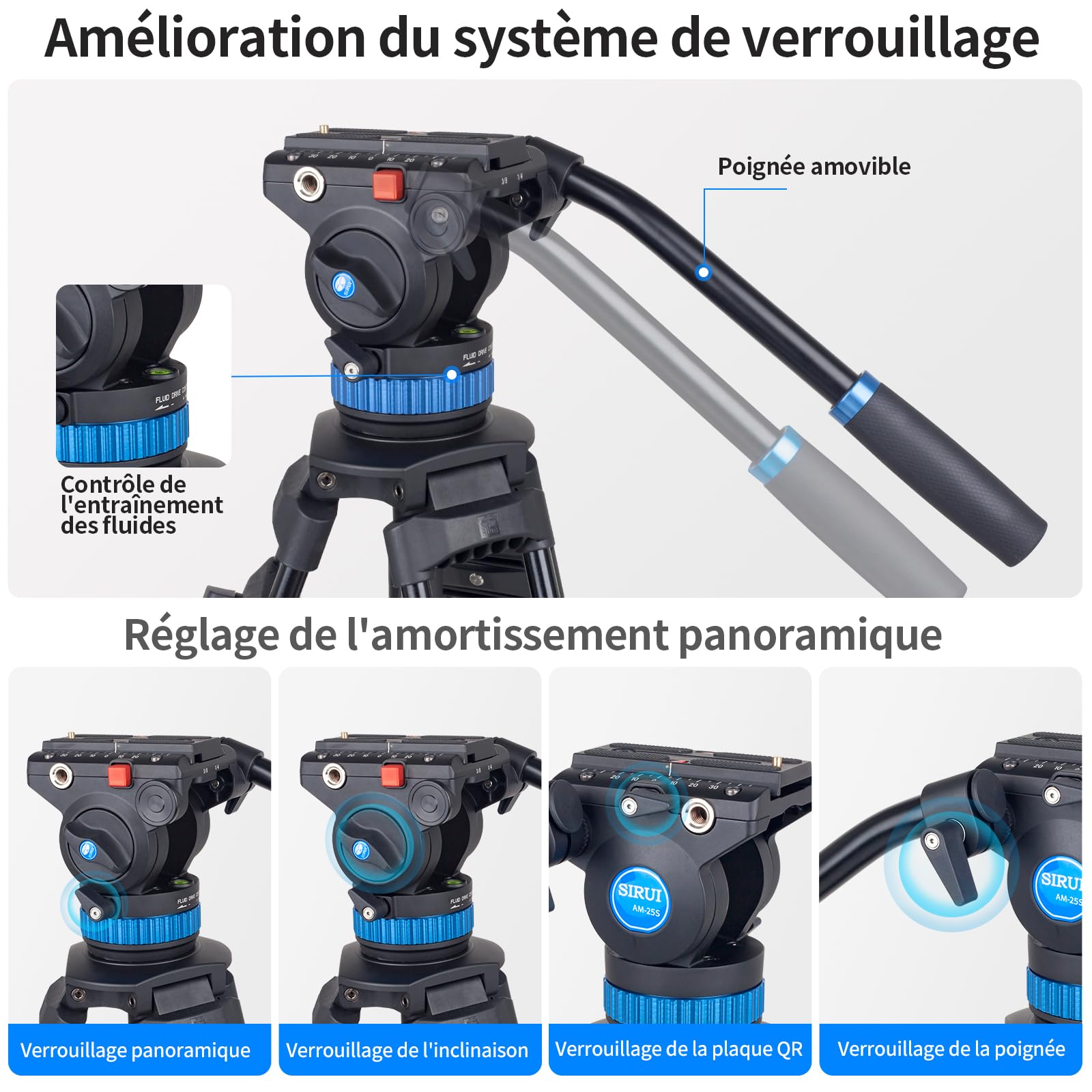 SIRUI Trépied Vidéo AM-25S, Trépied en Alliage d'Aluminium de 74.8"/190cm avec Tête Fluide Panoramique Flexible à 360°, Compact et Léger, Charge Max 22lb/10kg