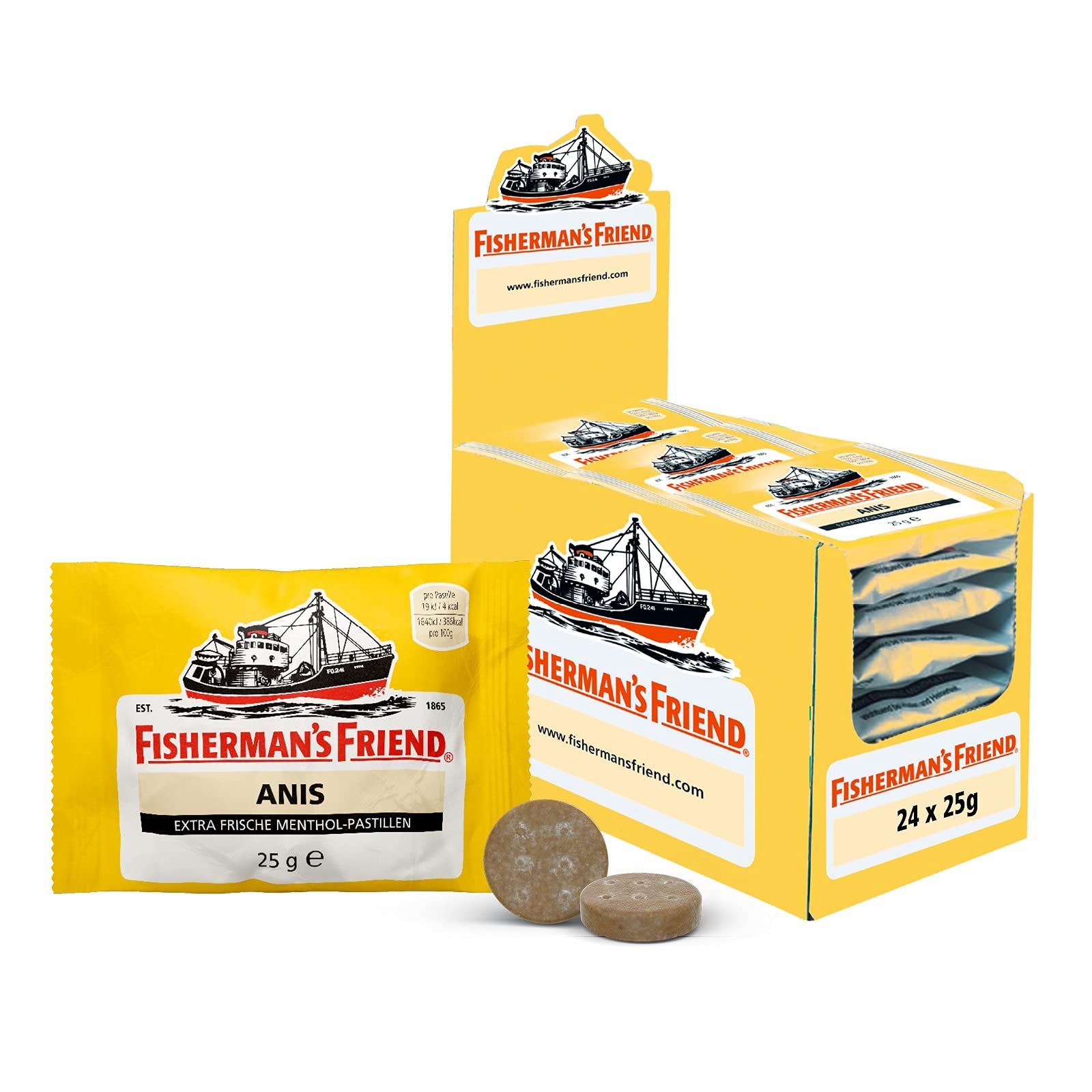 Fisherman's Friend Anis, 24er Vorratsbox, Exklusive Sorte: Anis und Menthol Geschmack, mit Zucker & vegan, Bonbons für frischen Atem, 24 x 25g