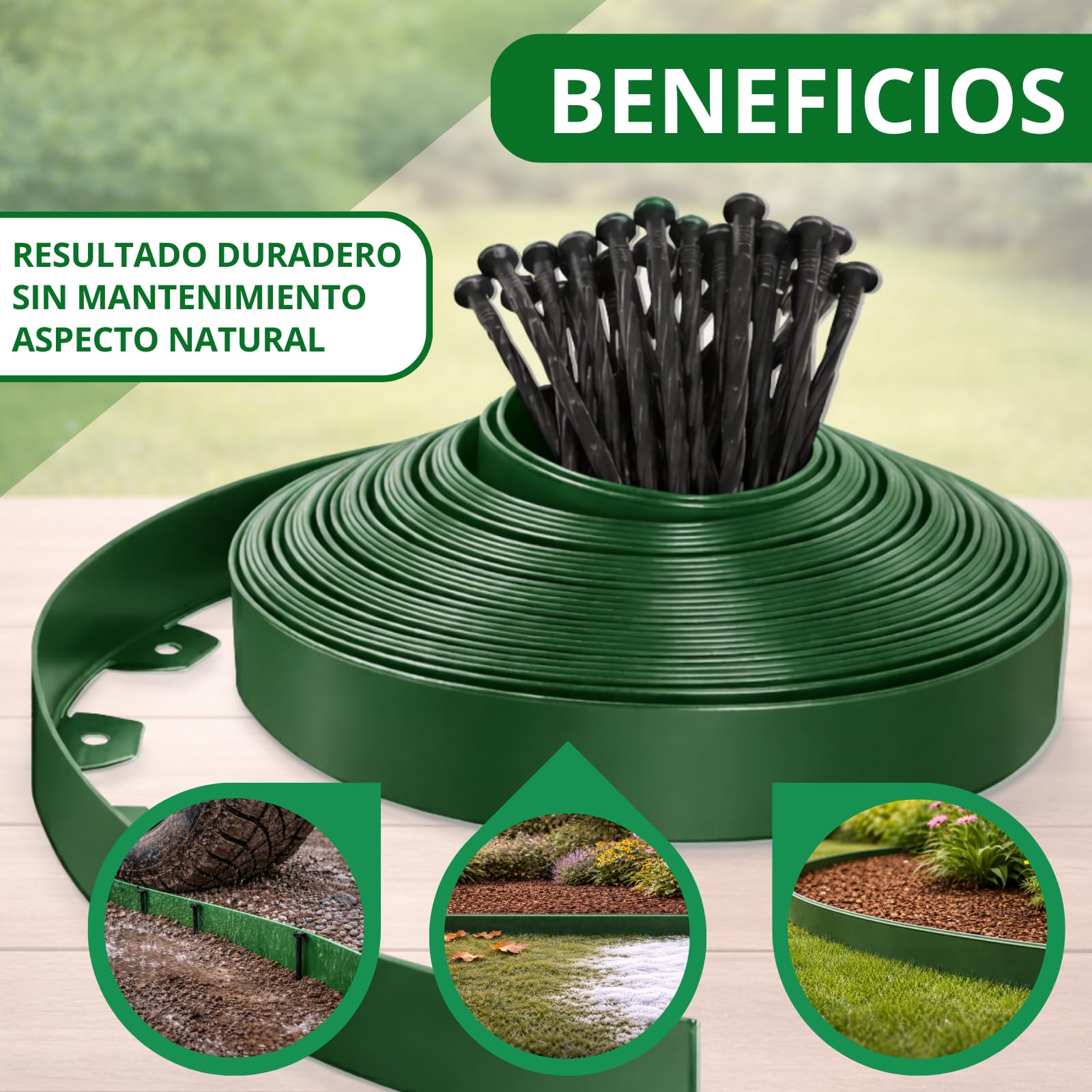 PLANTAWA Borde para Césped Artificial Verde 10m, 30 piquetas | Delimitación y Fijación del Perímetro, Contención de Materiales y Acabado Profesional | Flexible, Discreto y Resistente para Jardín