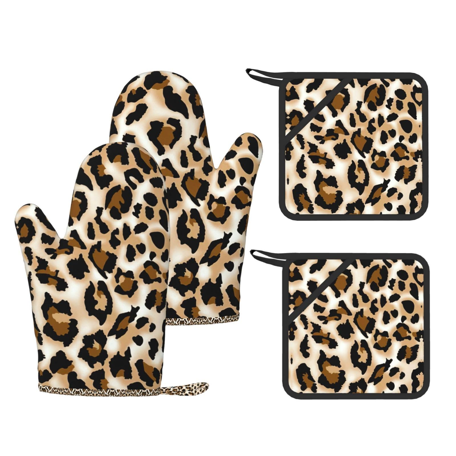 Leopard Printed Pot Holders and Oven Mitts 4-Piece, Non-Slip Kitchen Gloves with Utensil Pocket for BBQ