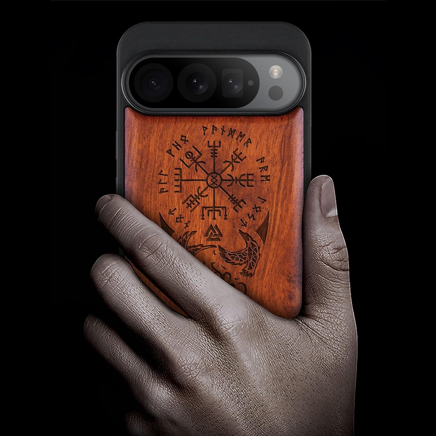 Carveit Wood Case for Pixel 9 Pro Case [Natural Wood & Black Soft TPU] Shockproof Protective Unique Wooden Cover Compatible with Google Pixel 9 Pro (The Guiding Vegvisir-Rosy)