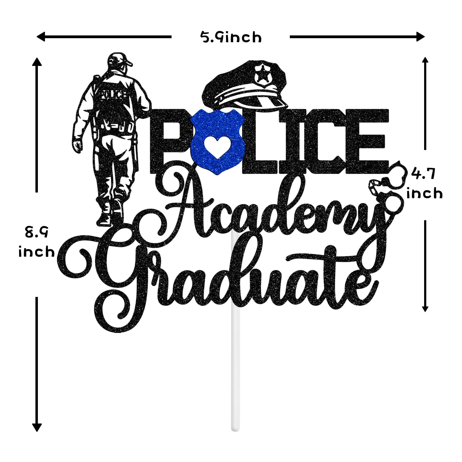 Police Academy Graduate Cake Topper - Black Glitter "Future Police" Decoration For Graduation Party, Cake Decor