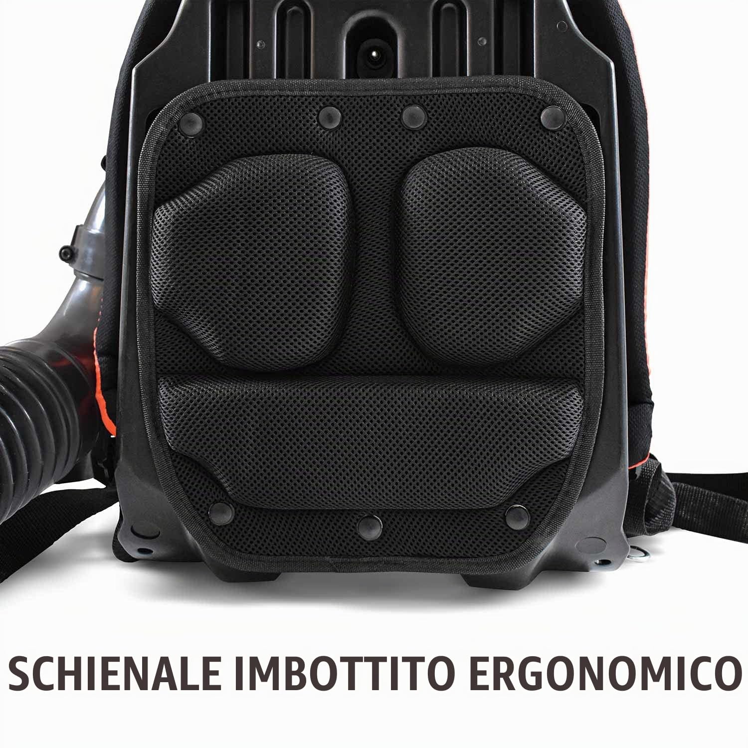 BOUDECH Soffiatore a Zaino 2 Tempi 52cc 1.5Kw Semi-Professionale con schienale ergonomico con tracolle imbottite e molle antivibranti Max-Comfort e velocità di soffiaggio foglie fino a 280Km/h